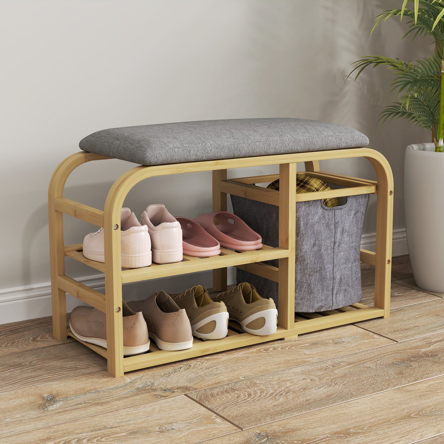 Bamboo Entryway Bench, Shoe Storage Bench with Cushion, Slat Shelves, Pull-Out Basket for Hallway, Entryway, Nature Wood