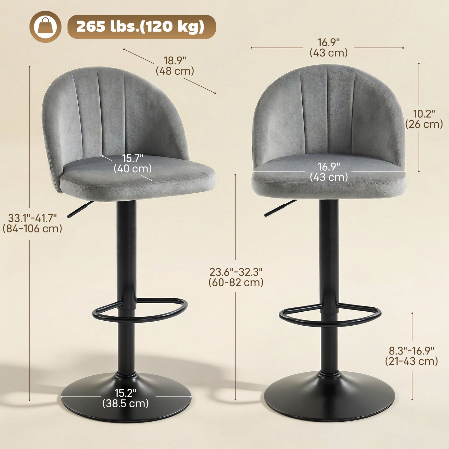 Bar Stools Set of 2, Swivel Counter Height Barstools with Footrest, Grey