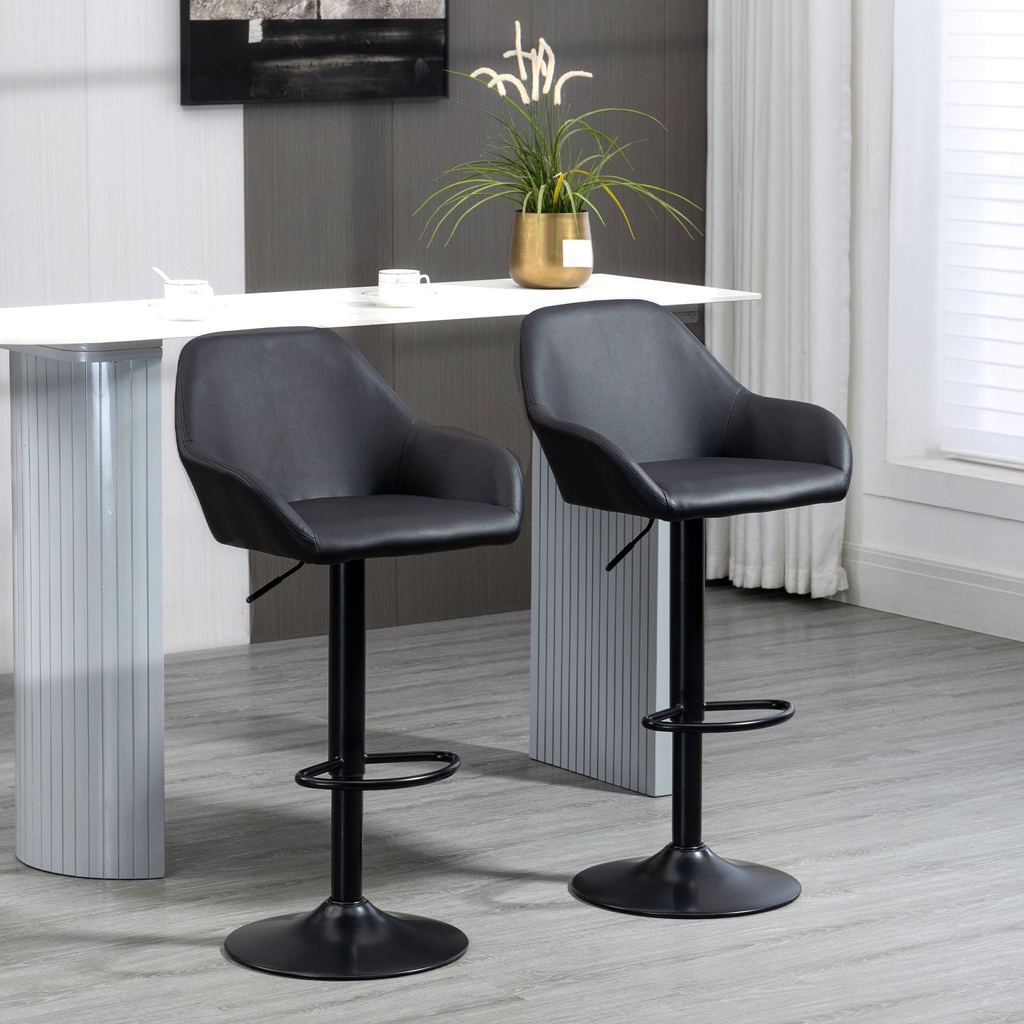 Adjustable Bar Stools Set of 2, Swivel Barstools with Footrest and Back, PU Leather and Steel Round Base, Black