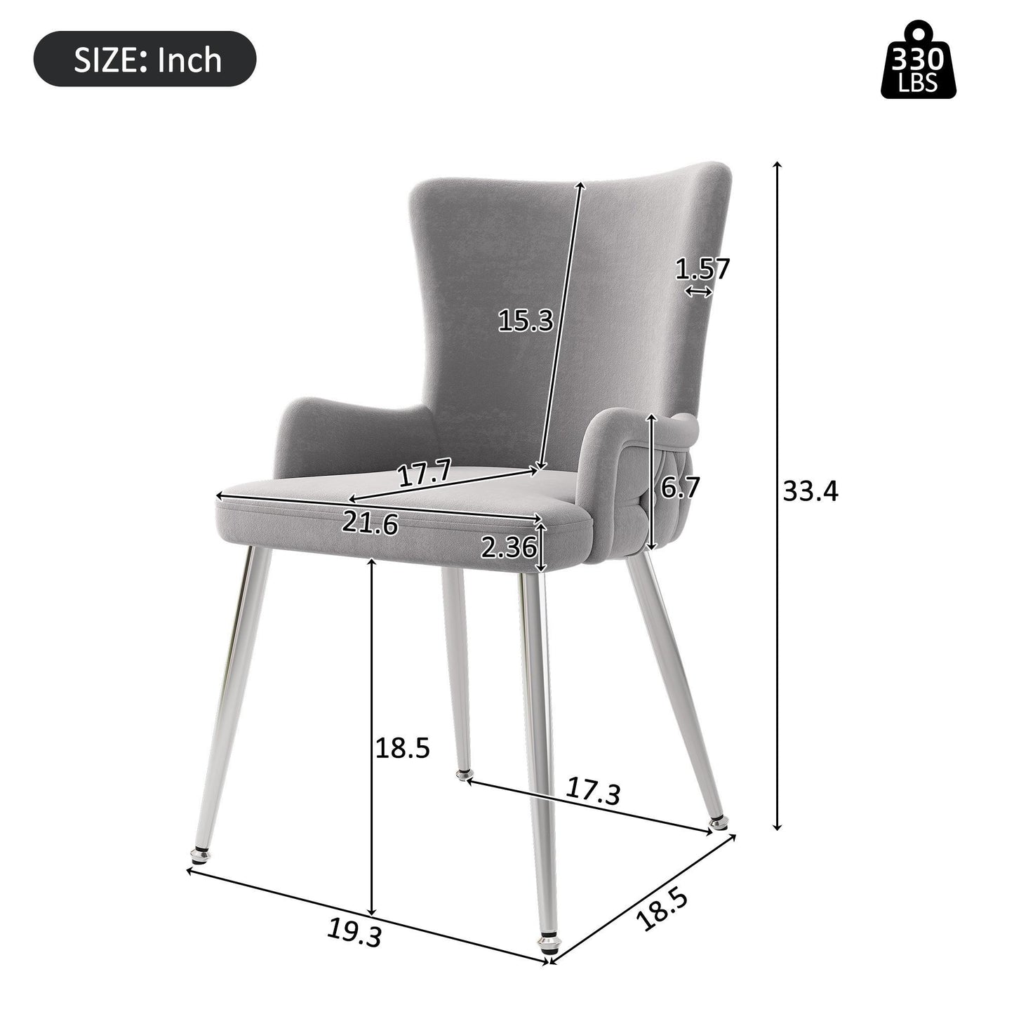 Set of 6 Velvet Dining Chairs with Electroplated Metal Legs, Upholstered Leisure Chairs for Homes, Condos, 21.5'' L x 20.5'' W x 33.5'' H, Gray+Silver