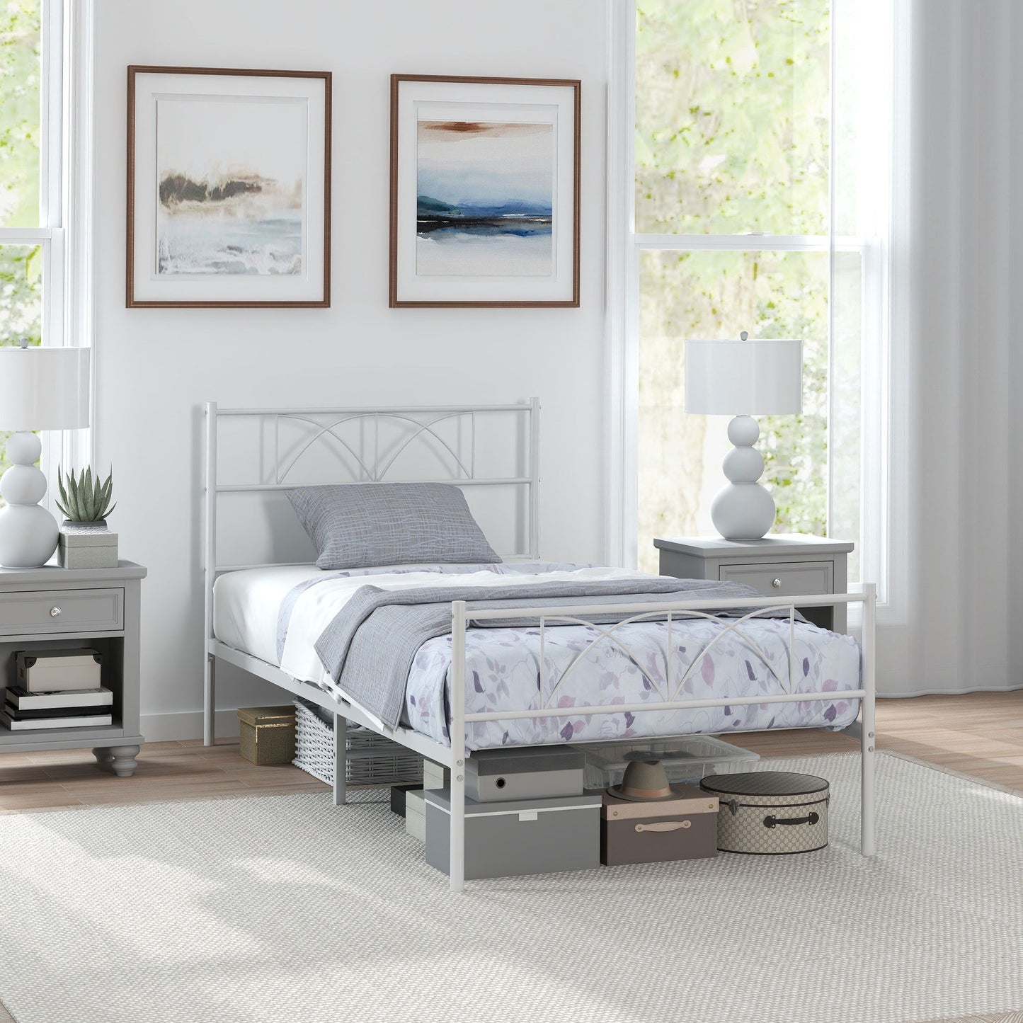 Metal Twin Platform Bed Frame with Headboard, Steel Slat Support, Underbed Storage, No Box Spring Needed, Easy Assembly
