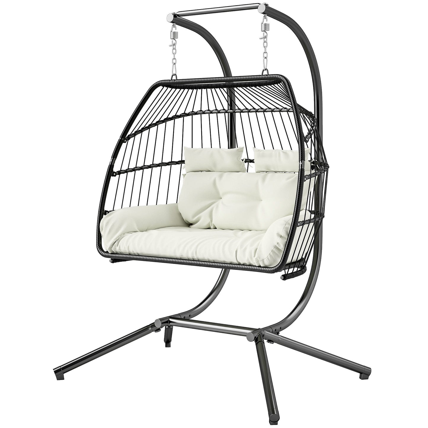 Double Wicker Egg Swing Chair with Stand, Foldable Hanging Egg Chair with UV Resistant Cushion, Headrest, Cream White