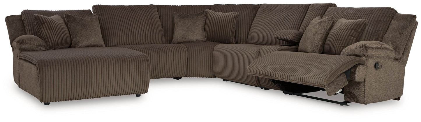 Top Tier - Chocolate - 6-Piece Reclining Sectional With Laf Press Back Chaise - Fabric - Forward Furniture