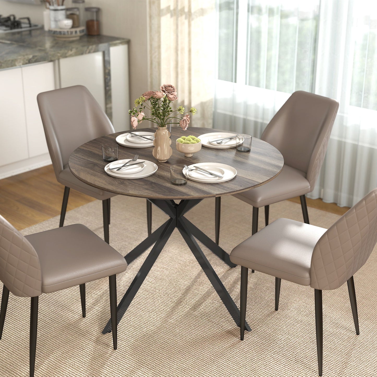 40" Round Kitchen Table for 4, Industrial Dining Table with Steel Legs for Dining Room, Distressed Brown