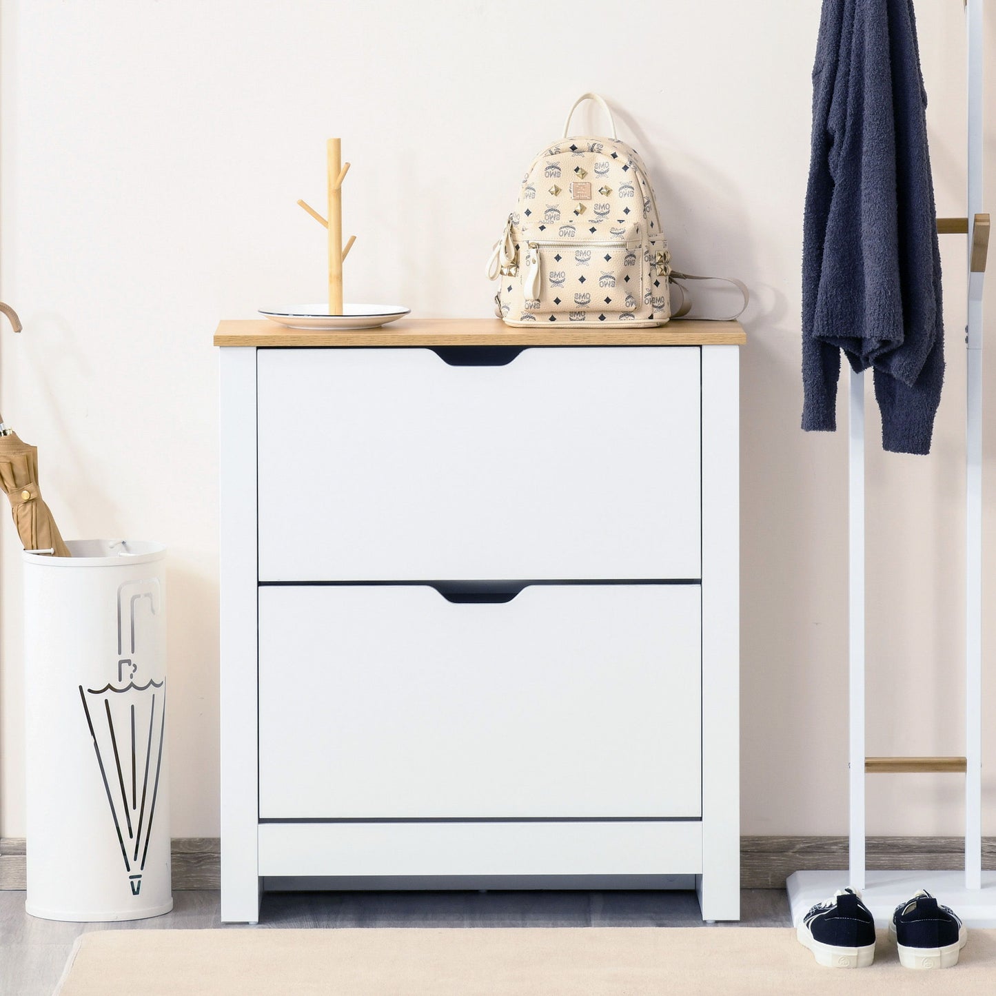 Shoe Storage Cabinet with 2 Flip Drawers and Adjustable Shelves for 6-12 Pairs of Shoes, White