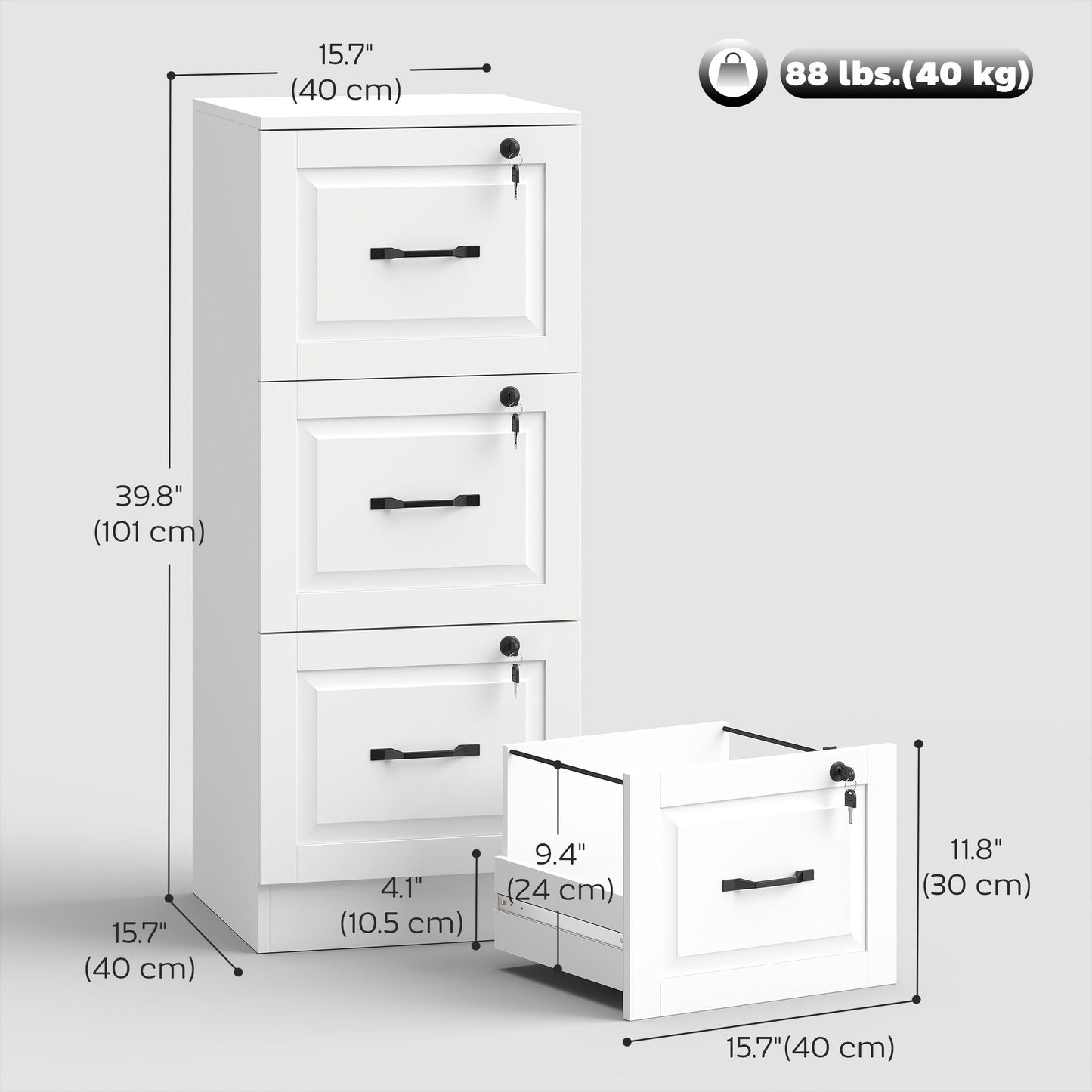 3-Drawer Vertical Filing Cabinet with Lock - White