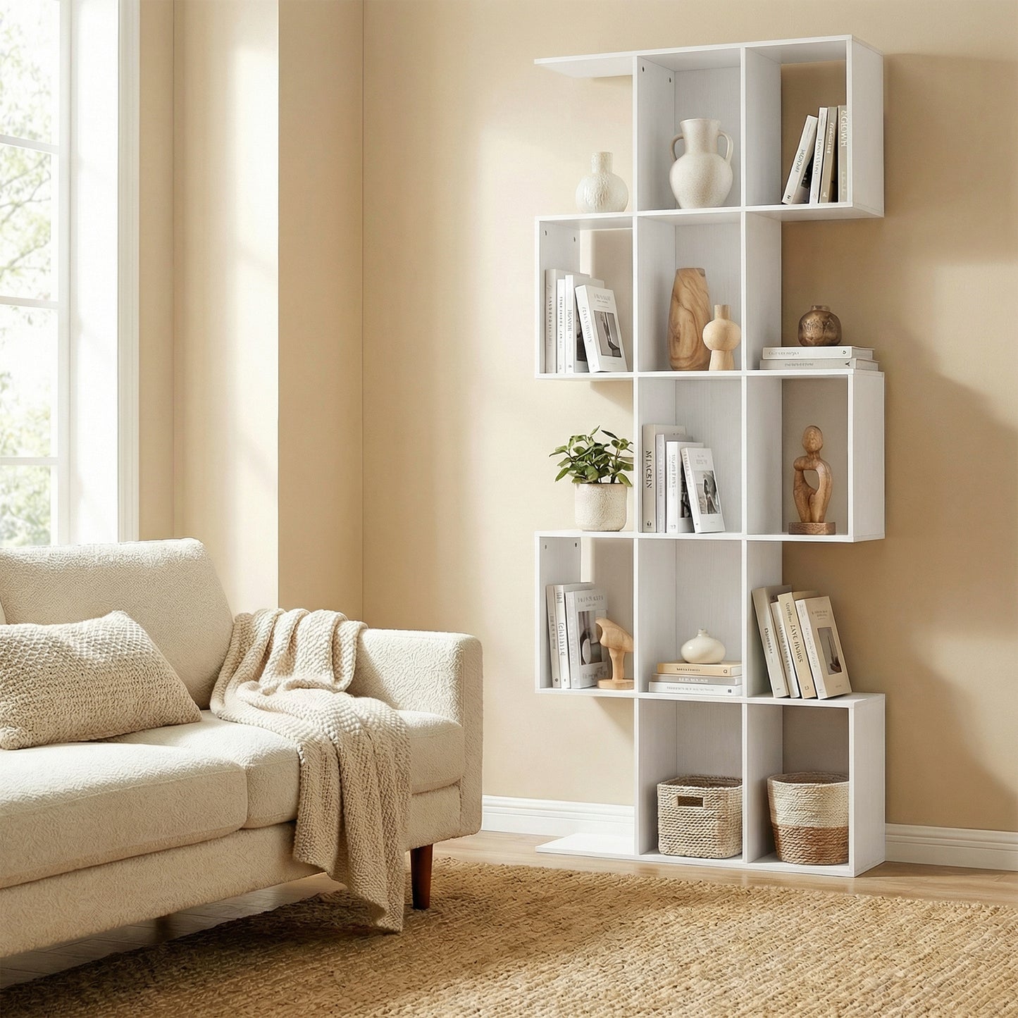 5-Tier Bookshelf, S Shaped Geometric Bookcase with 15 Compartments, White Wood Grain