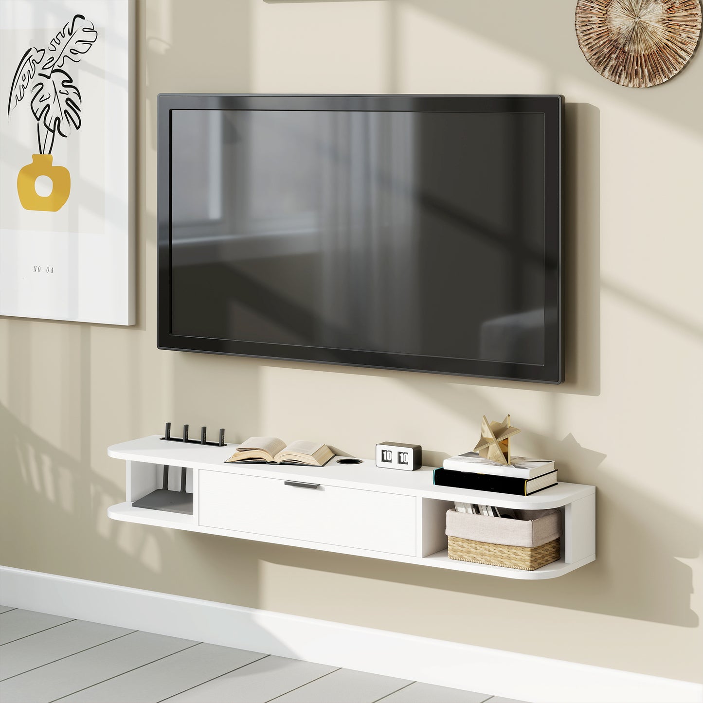 47" Floating TV Stand for TVs up to 50 Inch, Wall Mounted Media Console with Flip Drawer and 2 Open Shelves, White