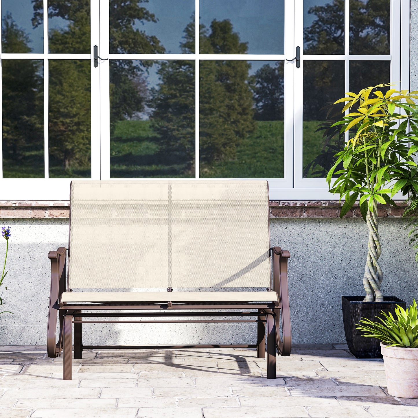 Garden Double Gliding Chair, Patio Glider Armchair for Outdoor, Backyard Mesh Seat and Backrest, Steel Frame, Light Grey
