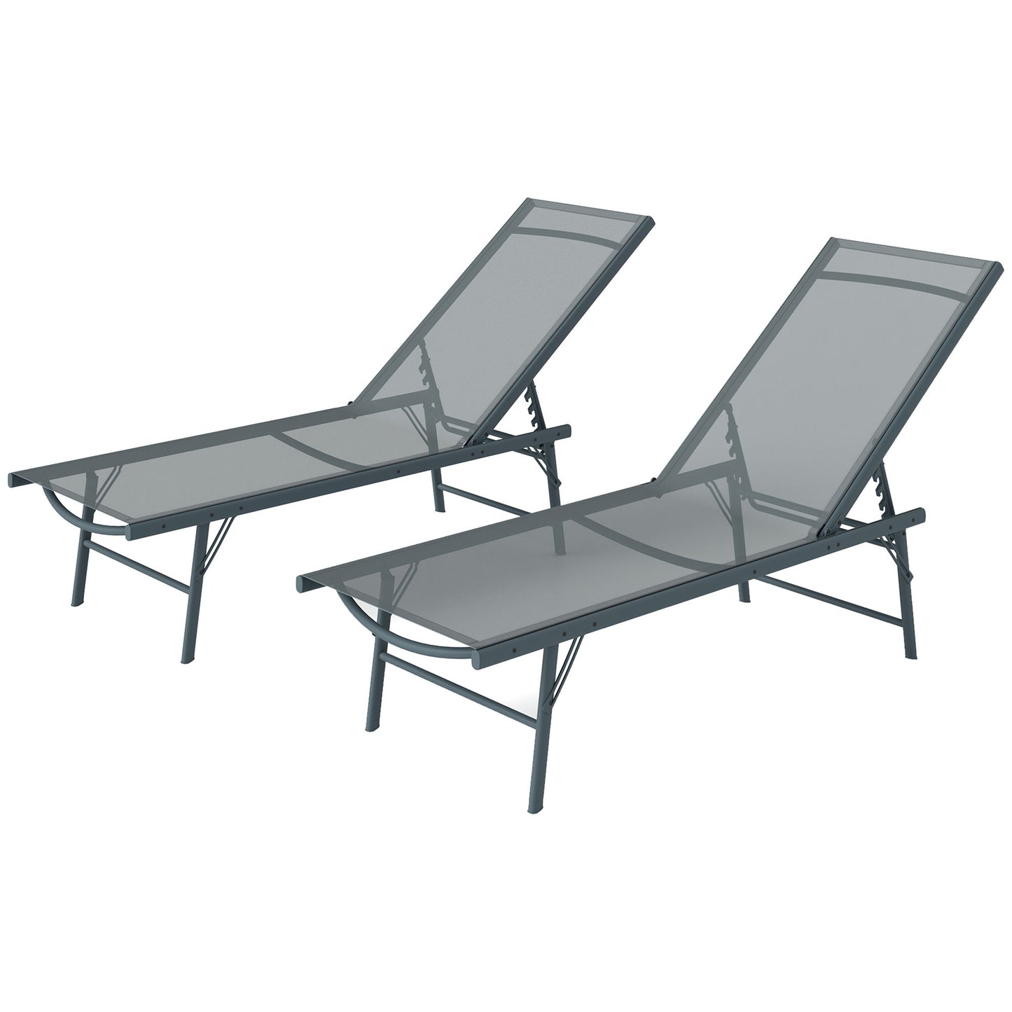 2 Pieces Folding Outdoor Lounge Chairs, Reclining Chaise Lounge Tanning Chair w/ Adjustable Back, Mesh Seat, Light Grey