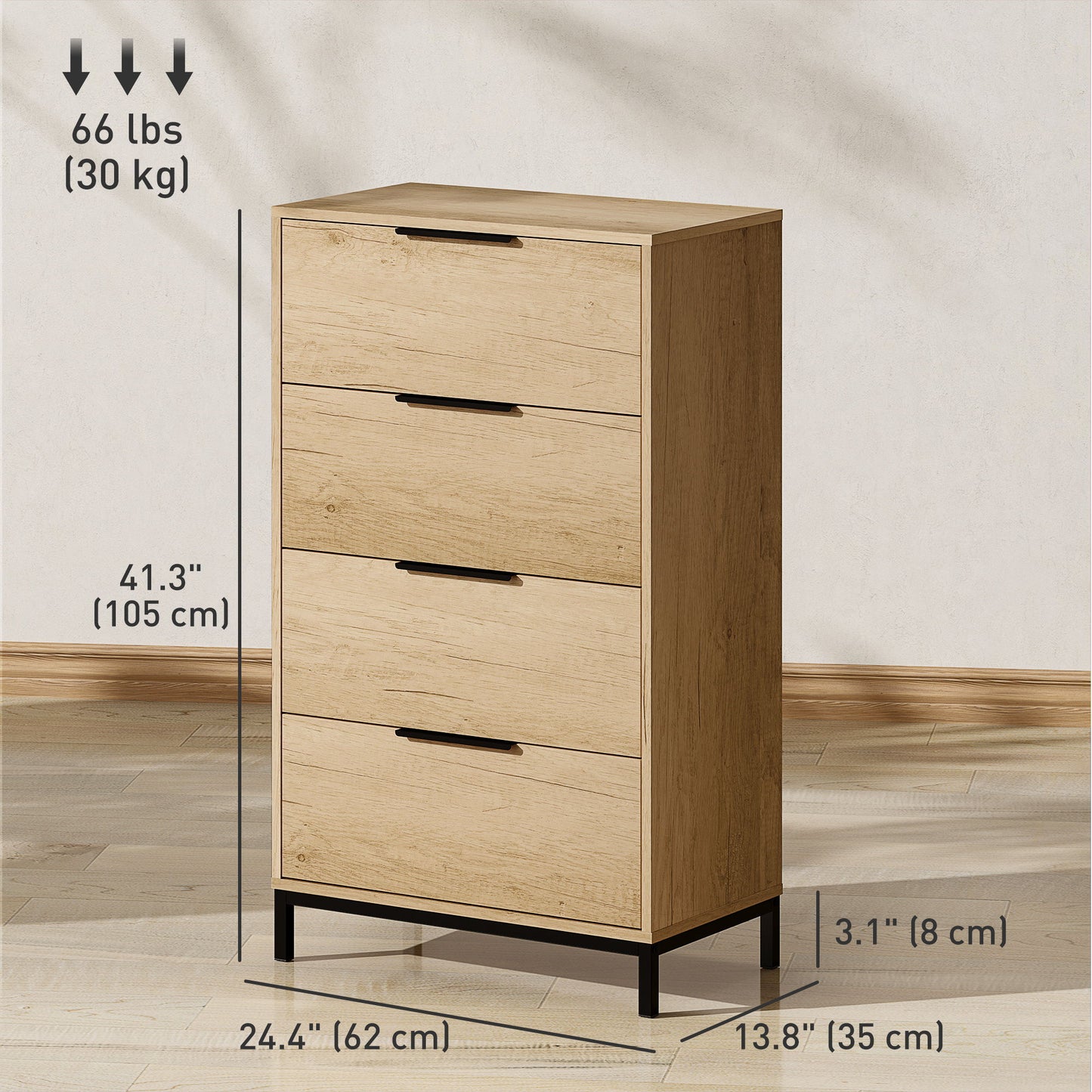 Dresser for Bedroom, 4 Drawer Dresser Tower, Chest of Drawers for Hallway, Entryway, Closet, Natural