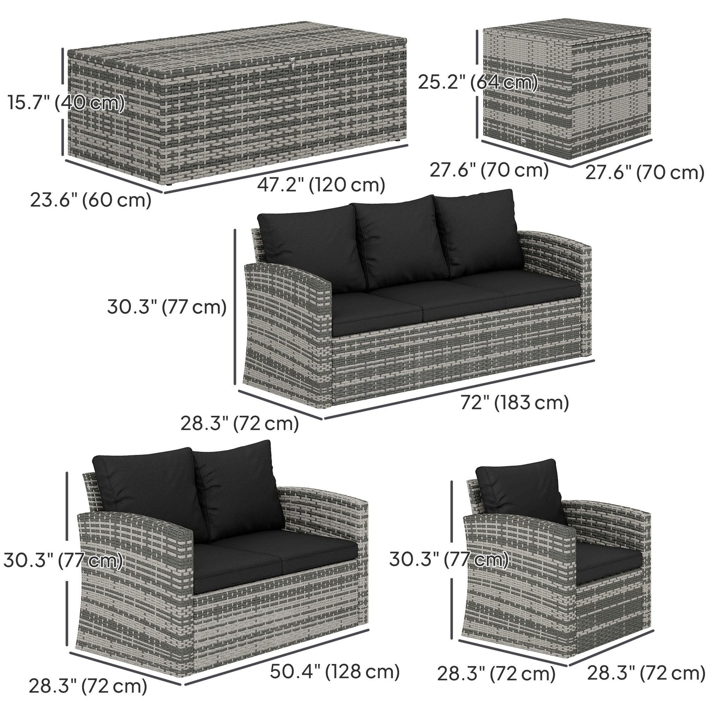6 Pieces Wicker Patio Furniture Set with Cushions, 7-Seater Rattan Patio Sofa Set with Storage Coffee Table & Side Table, Sectional Outdoor Furniture Set, Black