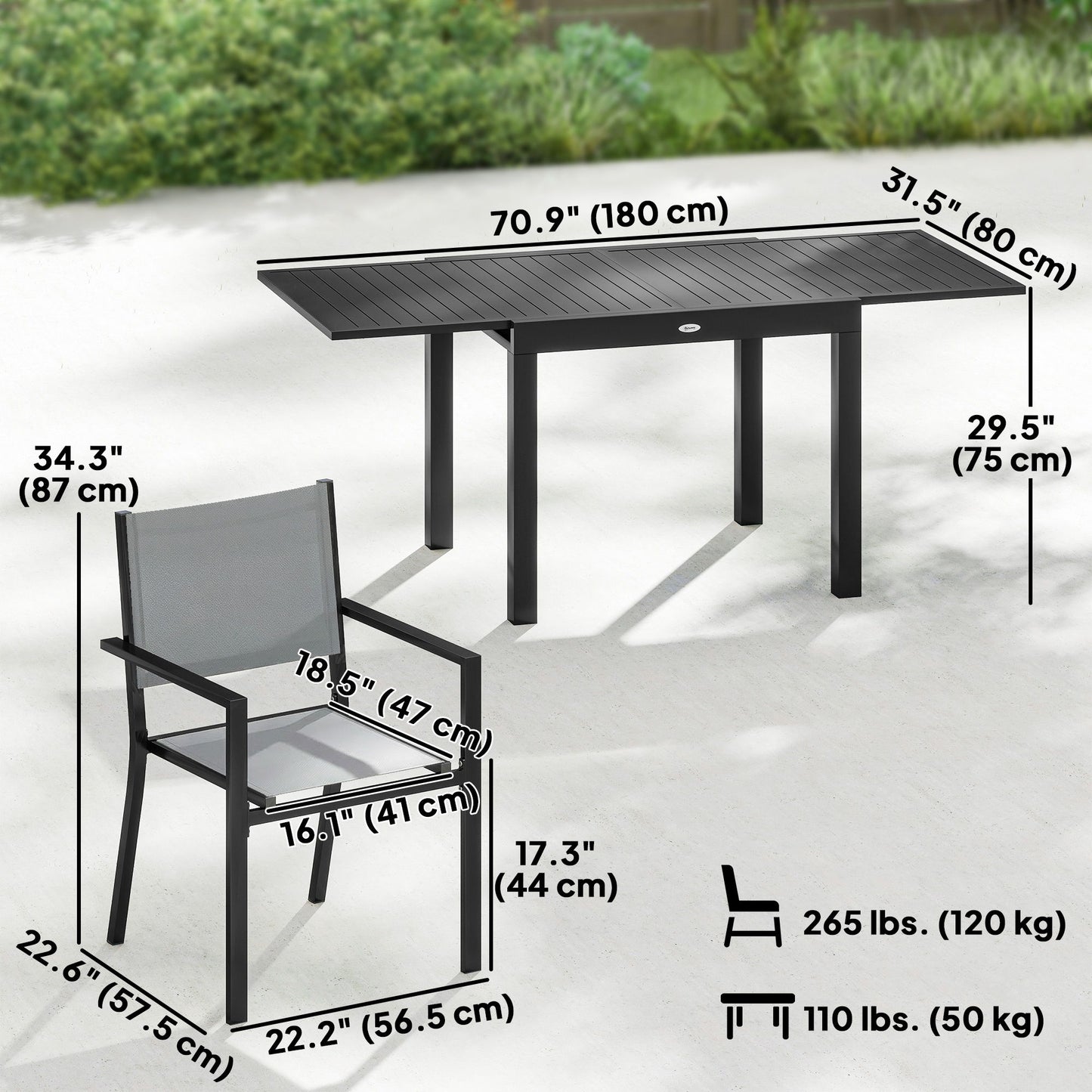 7 Pieces Outdoor Dining Set, Aluminum Patio Table and Chairs Set for 6 with Extendable Tabletop and Stackable Chairs
