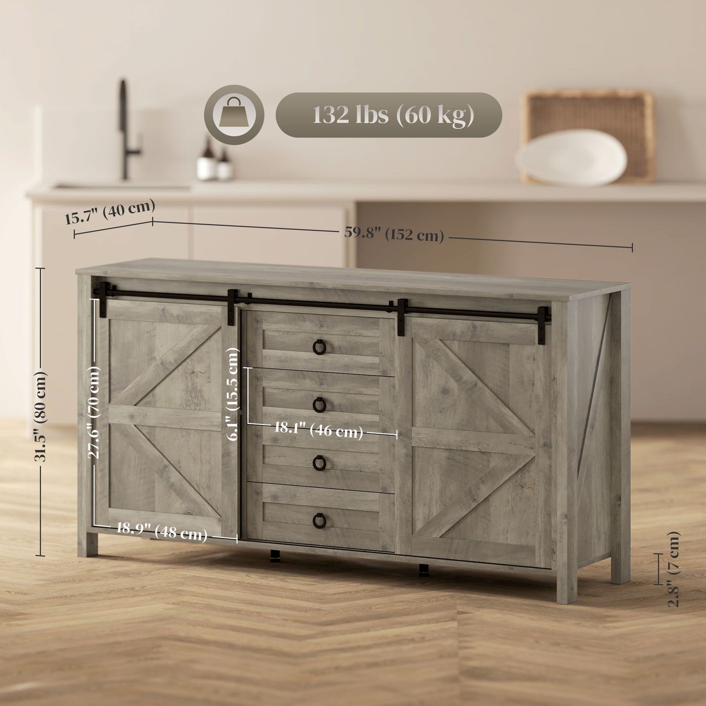 60" Farmhouse Buffet Cabinet with Sliding Barn Doors - Distressed Light Grey