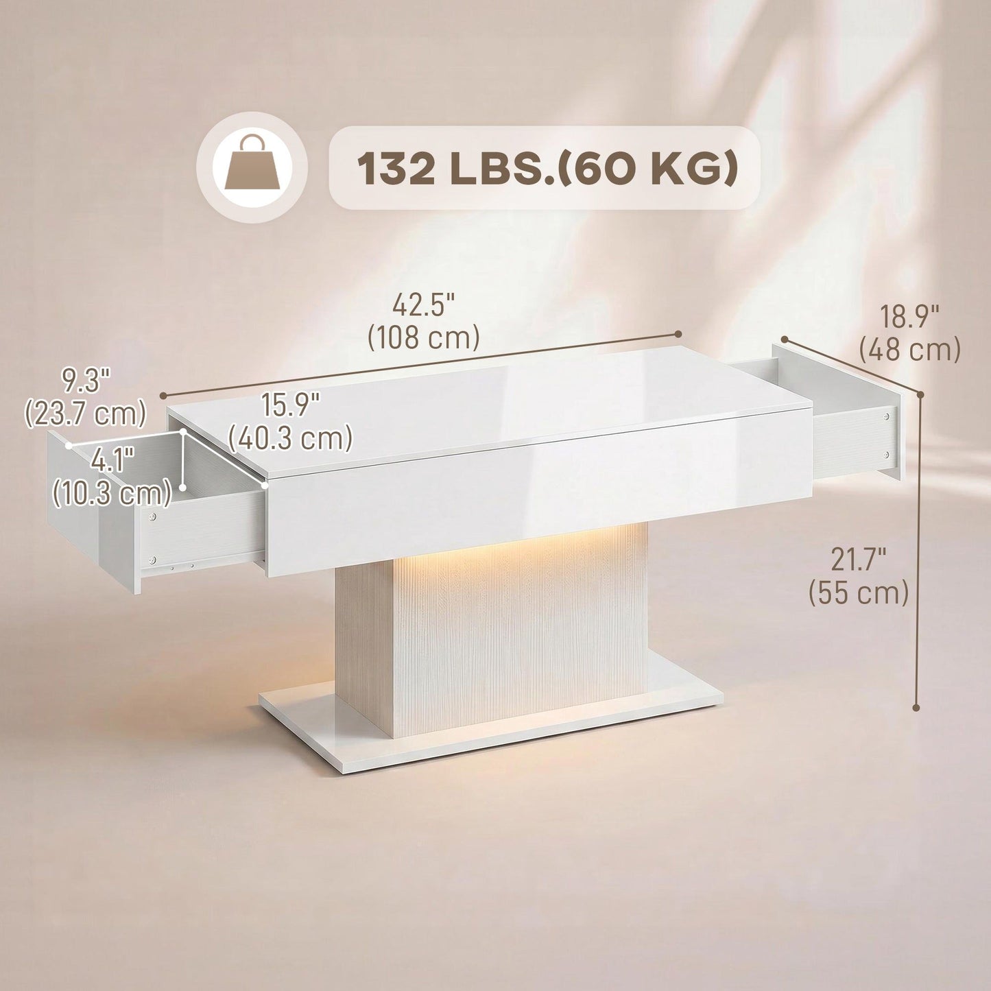 LED Coffee Table with 2 Drawers and Remote - White