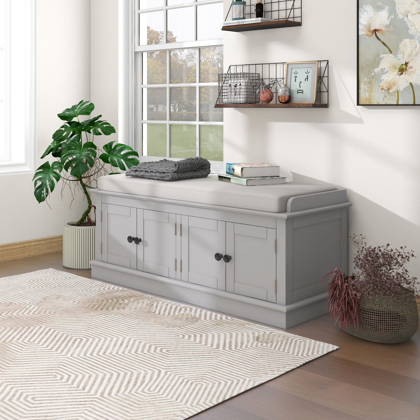 Storage Bench with 4 Doors and Adjustable Shelves, Comfortable Seating, Removable Cushion for Entryway, 43" L x 16" W x 17.5" H, Gray