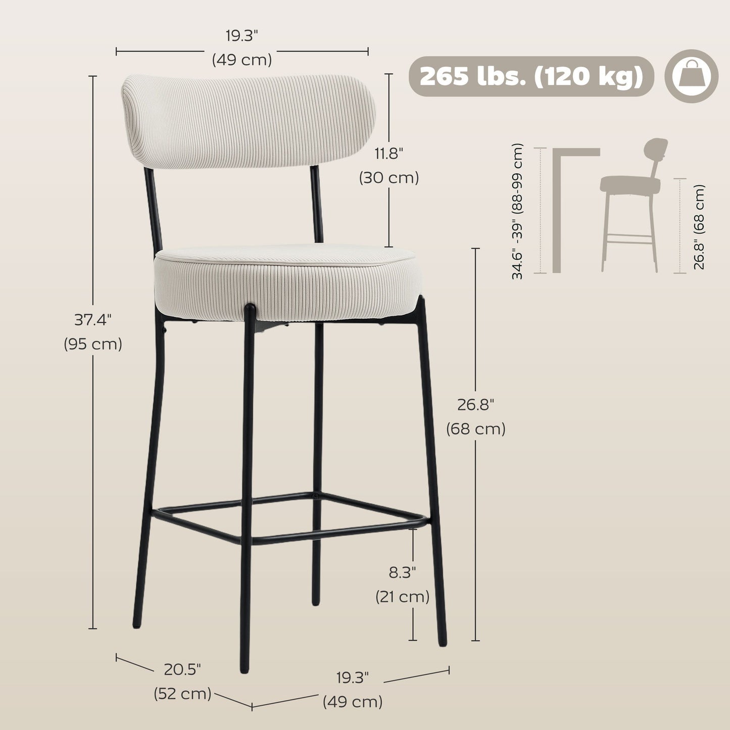 Set of 2 Barstools, Upholstered Corduroy Bar Stools with Backrest, Footrest for Kitchen Island, Dining Room, Cream White