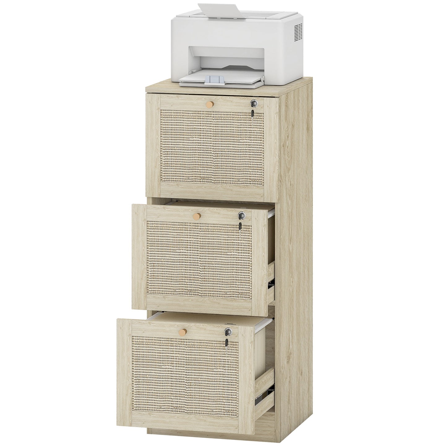 3 Drawer Filing Cabinet with Lock, Boho File Cabinet for A4 Letter Size Files with Decorative Rattan Accents, Oak