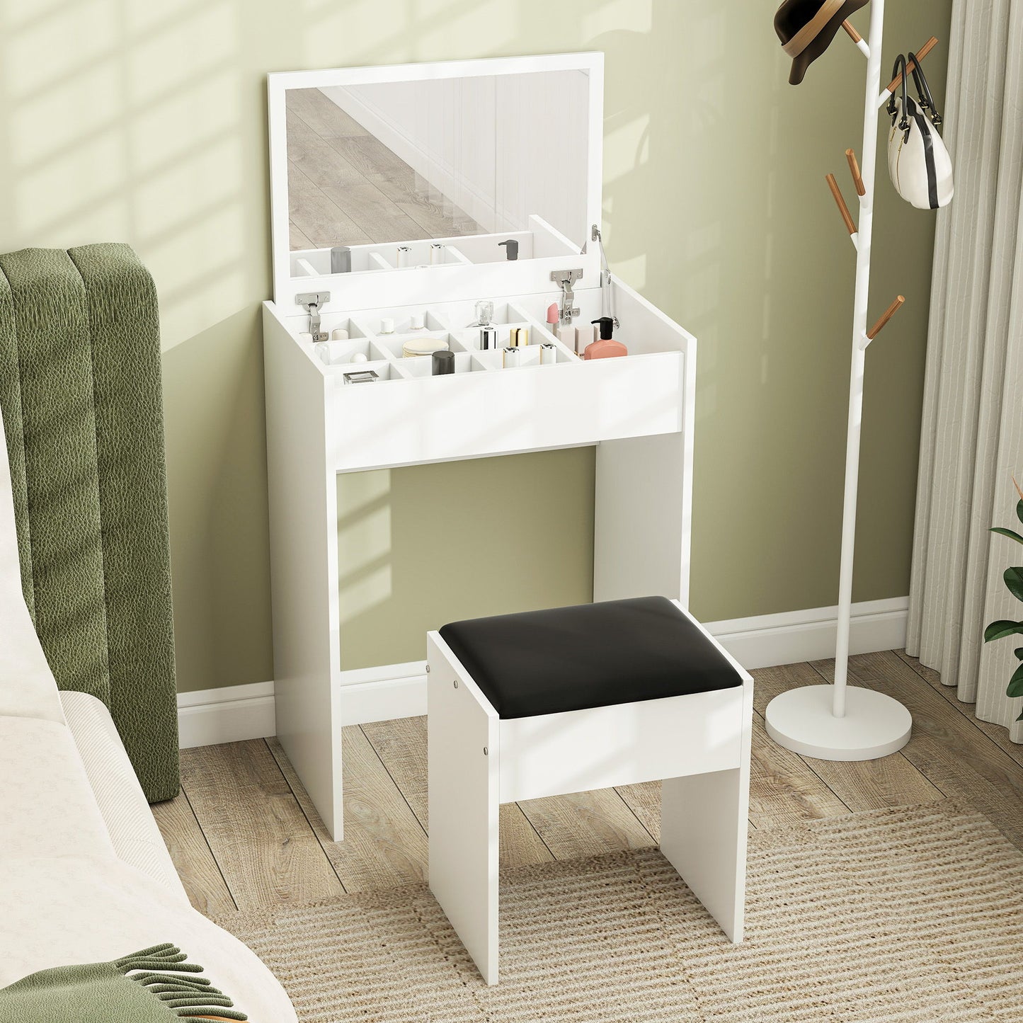 Modern Vanity Set with Makeup Table and Cushioned Stool, Dressing Table with Flip Top and Mirror for Bedroom, White