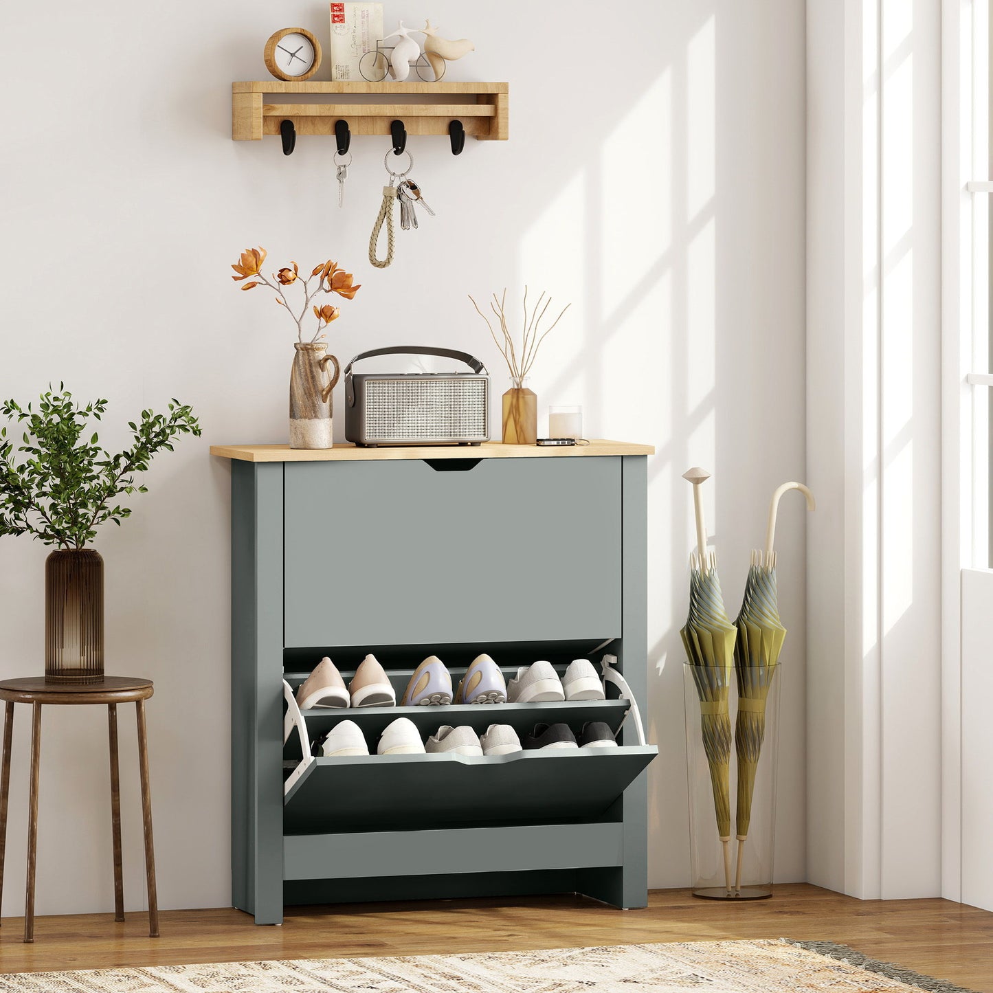 Shoe Storage Cabinet with 2 Flip Drawers and Adjustable Shelves for 8–12 Pairs of Shoes, Light Grey
