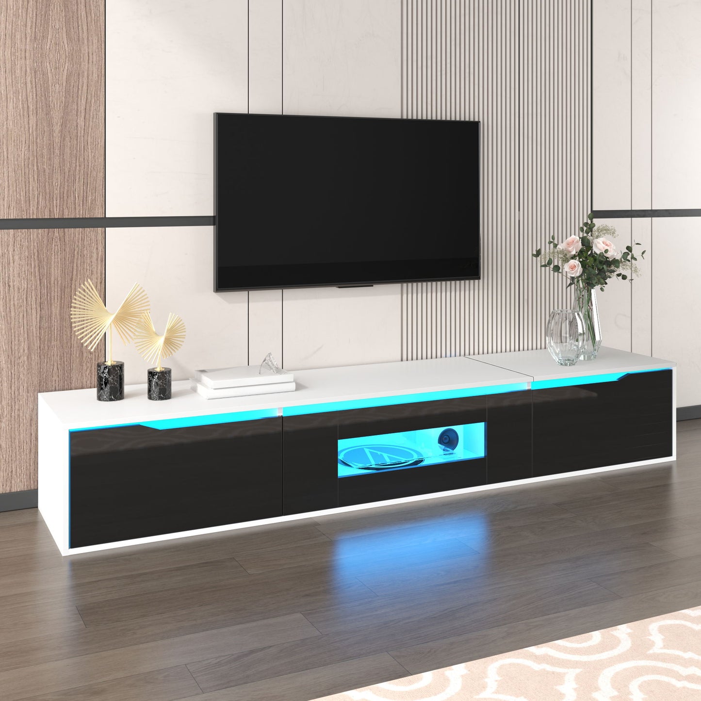 High-Gloss TV Stand with Colour-Changing LED Lighting and Versatile Mounting Options, Easy to Install, 71" L x 12" W x 12" H, Black+White