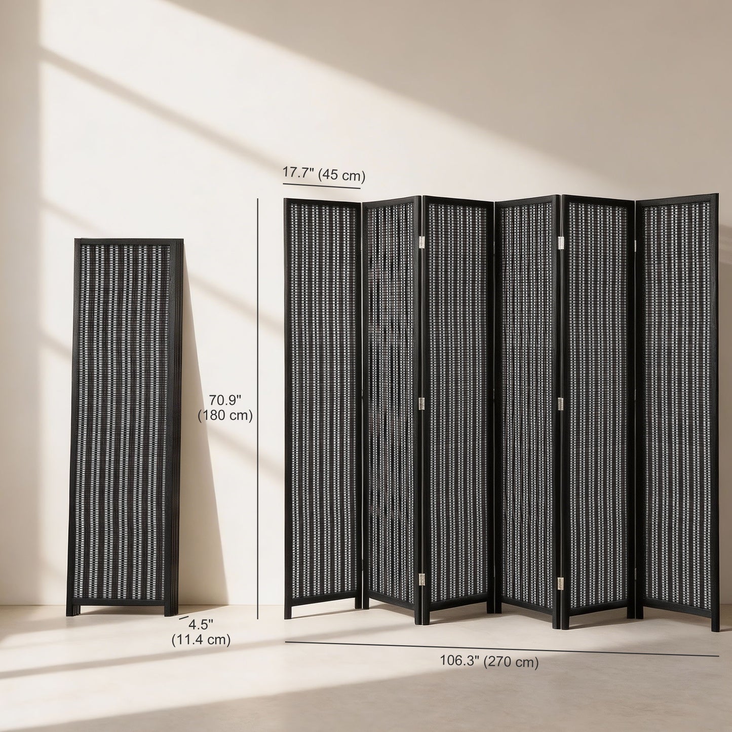 Folding Privacy Screen, 6 Panel Room Divider, Freestanding Partition with Handwoven Bamboo and Pine Wood Frame, Black