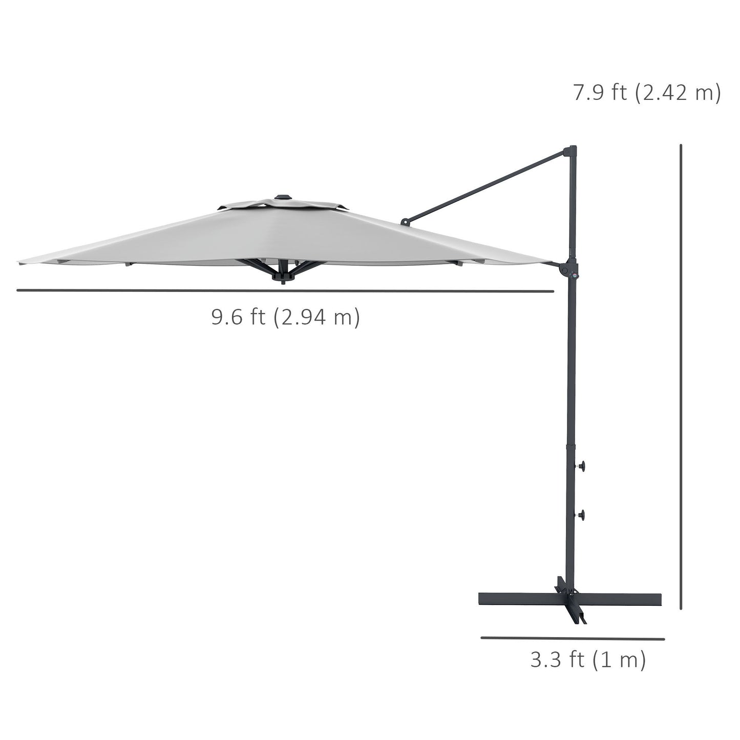 10 FT Cantilever Umbrella, Aluminum Hanging Offset Umbrella with 360°Rotation, Crank, Tilt, Cross Base, Grey