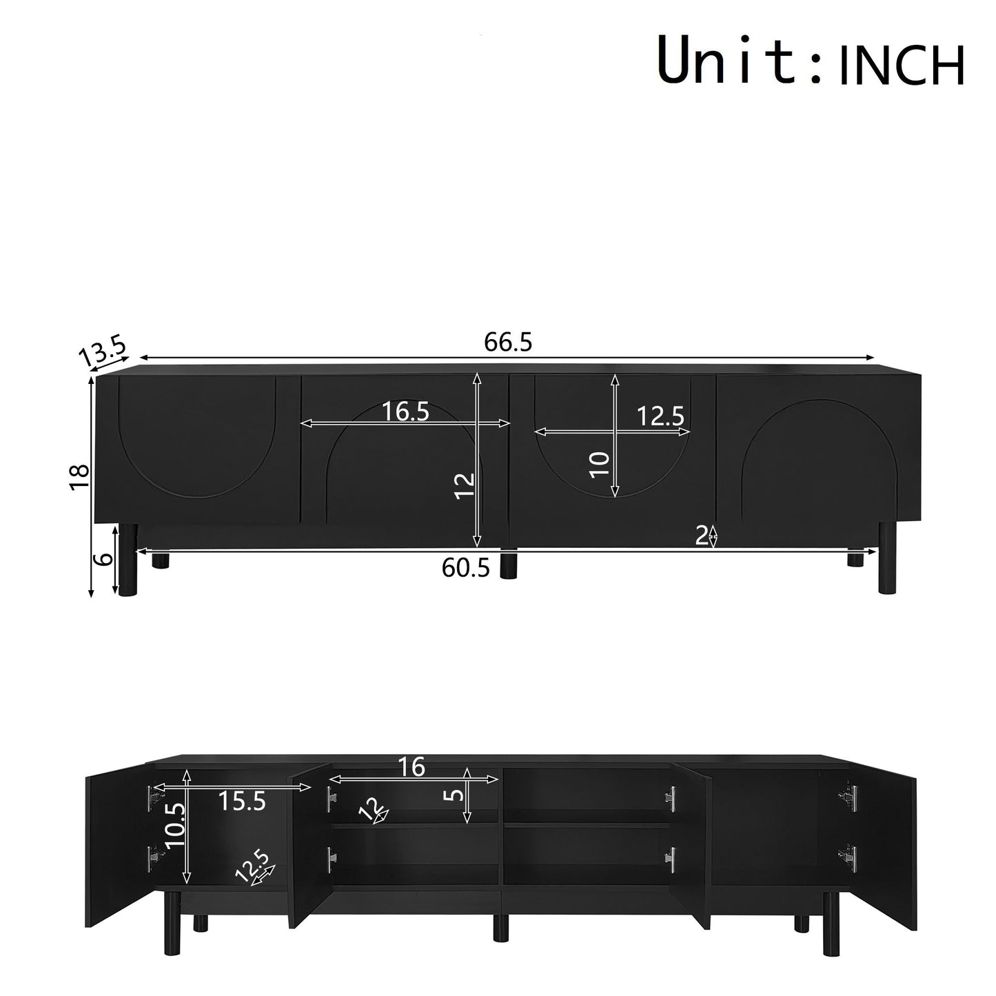 Modern TV Stand with Wave Shaped Doors, Ample Storage and Sturdy Legs, Functional Design, Easy to Install, 66.5" L x 13.5" W x 18" H, Black
