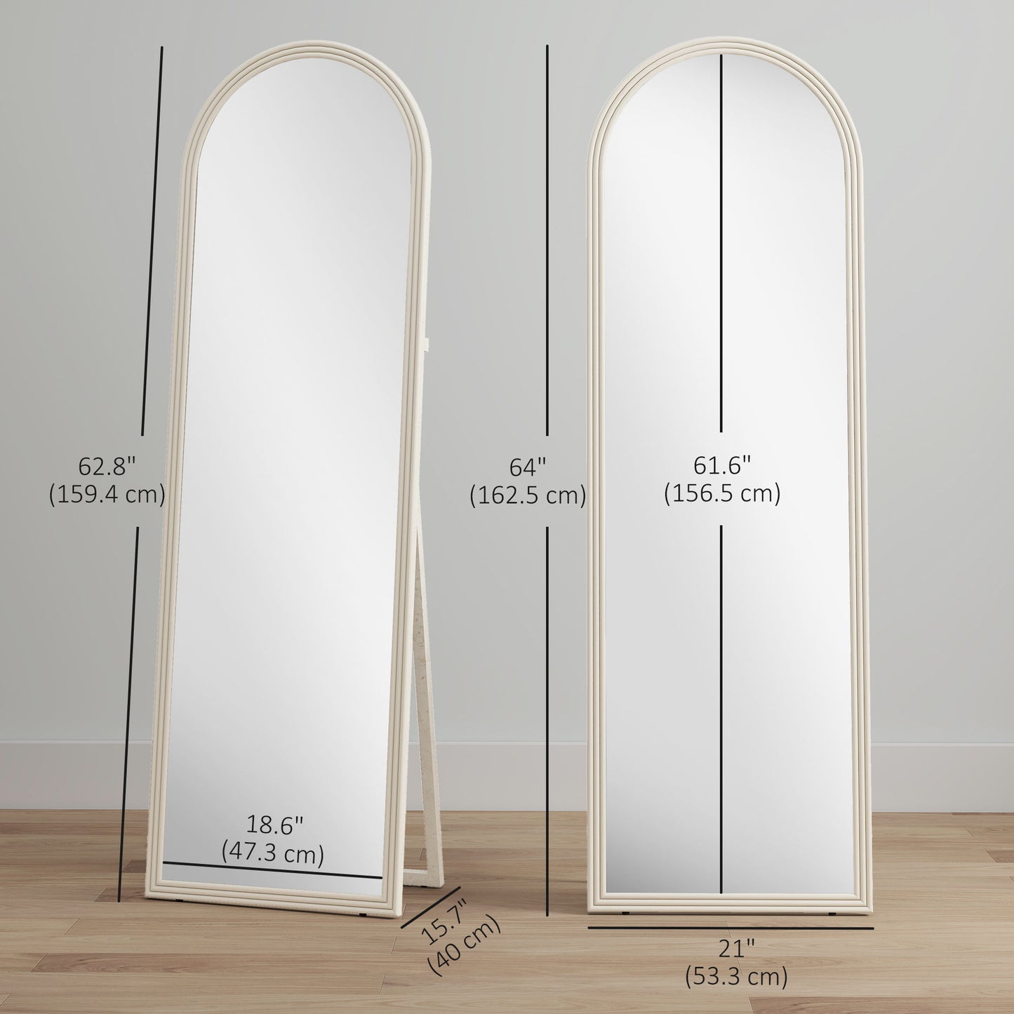 64" x 21" Full Length Mirror, Free Standing, Leaning or Wall, Arched Full Body Mirror with Faux Stone Frame, White