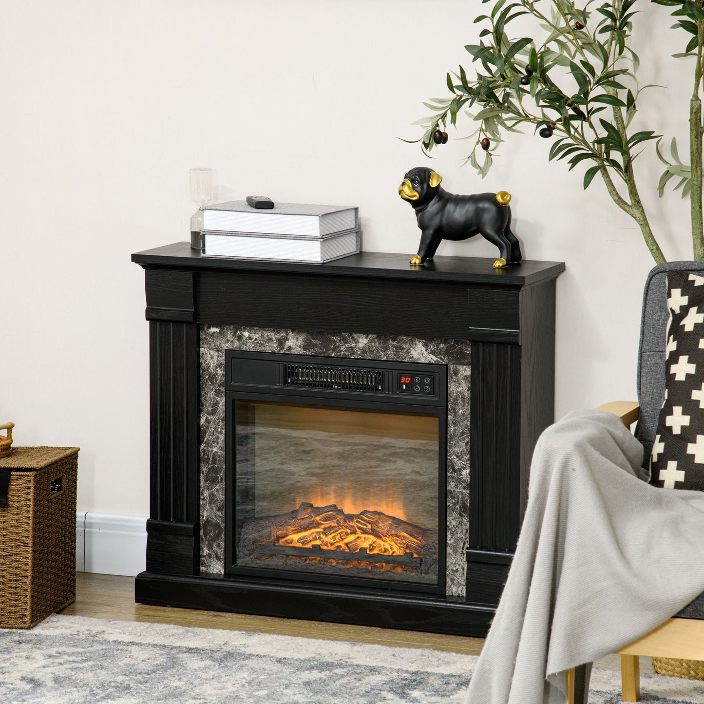 Electric Fireplace Mantel Wood Surround, Freestanding Fireplace Heater with Realistic Flame, Adjustable Temperature, Timer, Overheating Protection, and Remote Control, Black