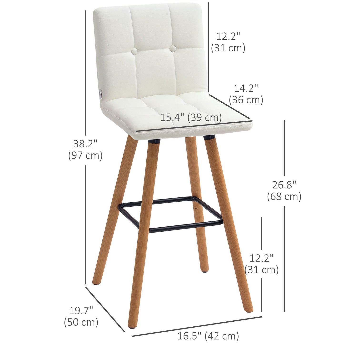Modern Bar Stools Set of 2, 38" Upholstered Kitchen Island Stool with Solid Wood Legs, White