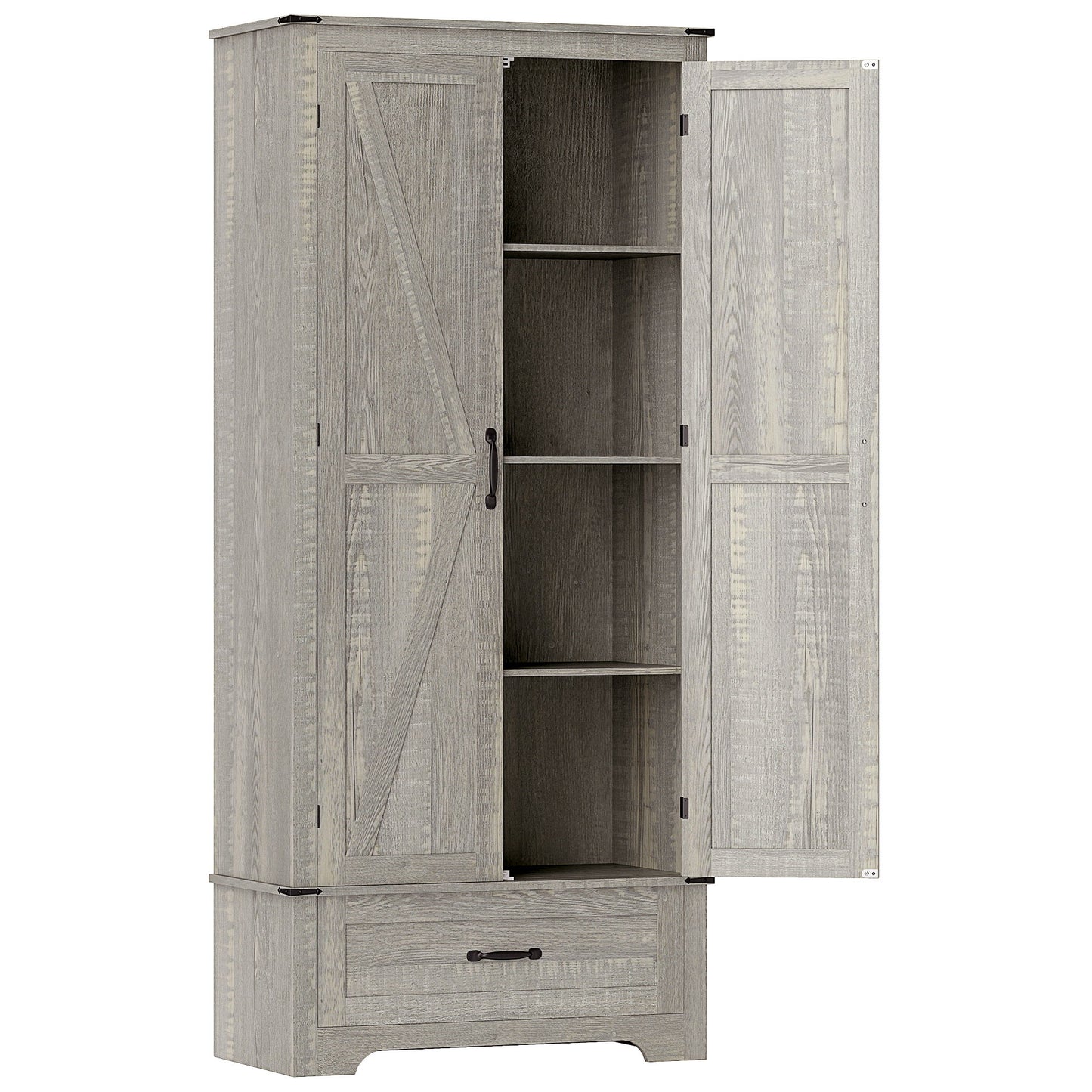 72" Farmhouse Pantry Cabinet with Adjustable Shelves, Kitchen Pantry Cabinet with 2 Doors, Distressed Light Grey