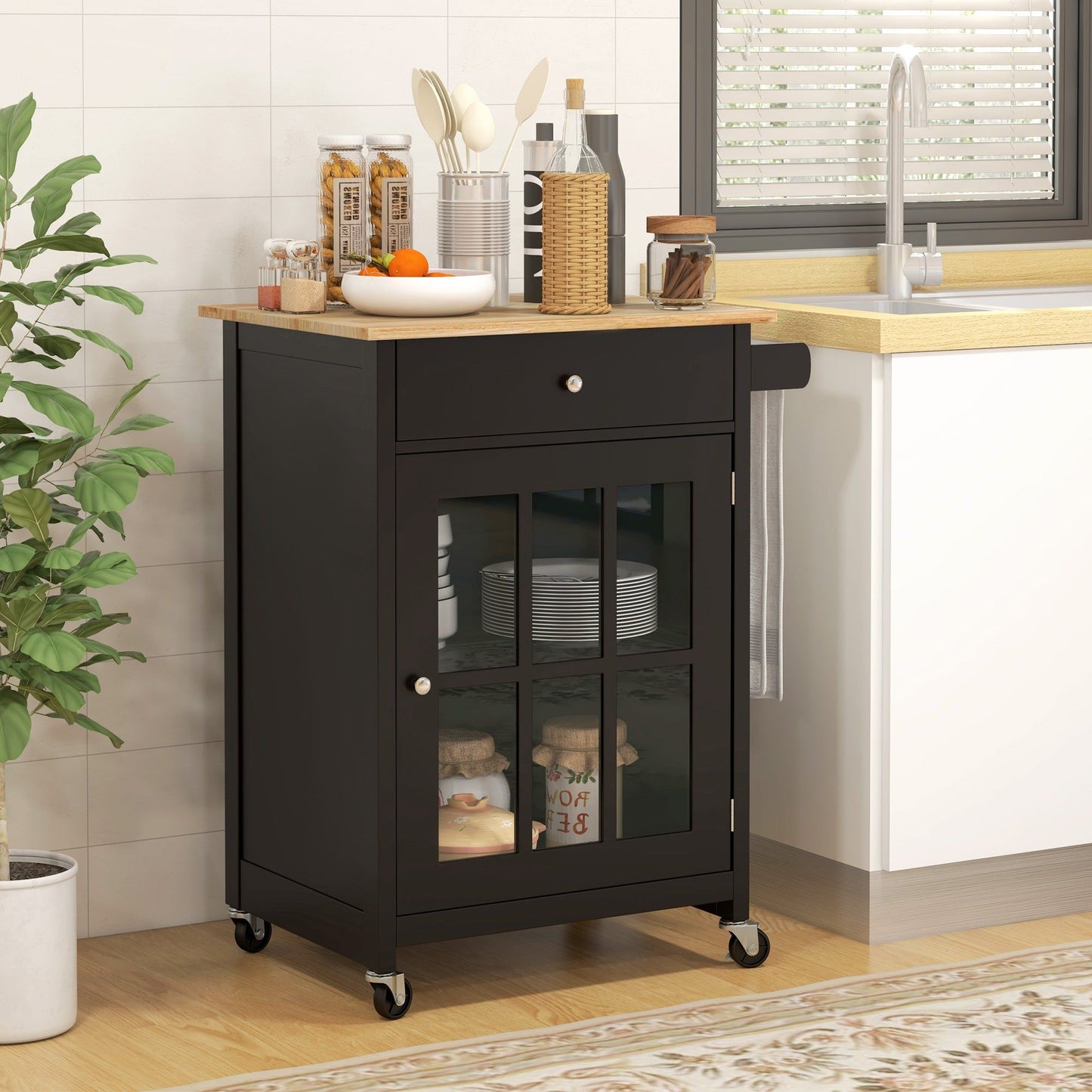 Rolling Kitchen Cart with Drawer and Glass Cabinet - Black