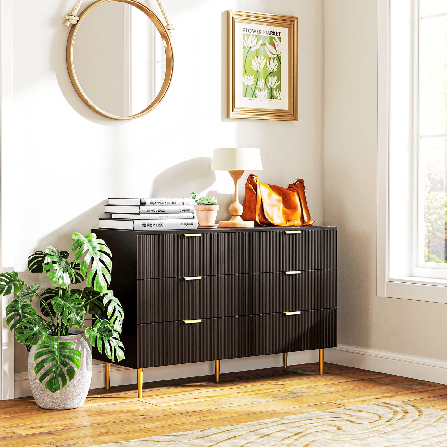 Modern Chest of Drawers 6 Drawer Dresser for Bedroom with Gold Legs and Handles, Black