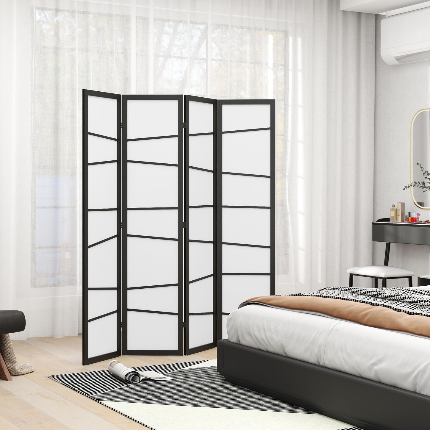 5.6ft Folding Room Divider, 4 Panel Wall Partition with Wood Frame for Bedroom, Home Office, White