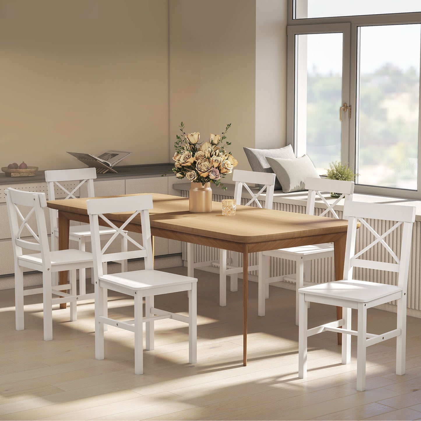 Wooden Dining Chairs Set of 4, Kitchen Chairs with Cross Back, Solid Structure for Living Room and Dining Room, White
