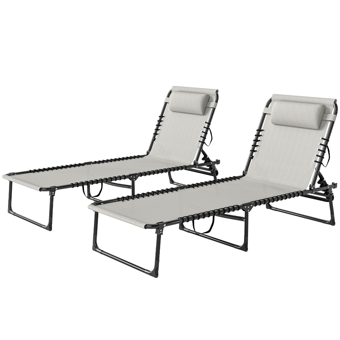 2 PCs Folding Lounge Chairs, Adjustable Chaise Lounges with Headrest for Camping, Hiking, Cream White