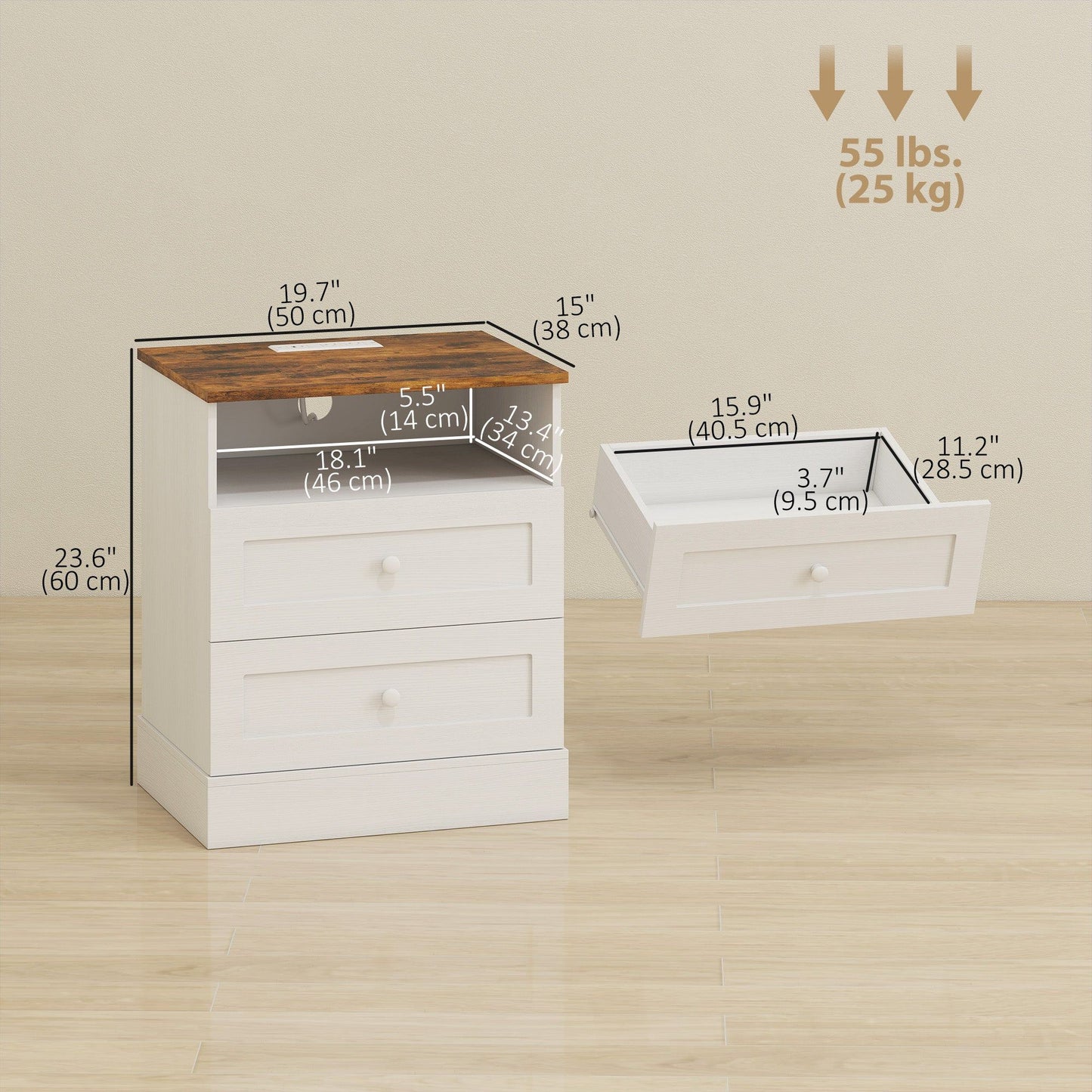 Nightstand Set of 2 with Charging Station - White and Oak