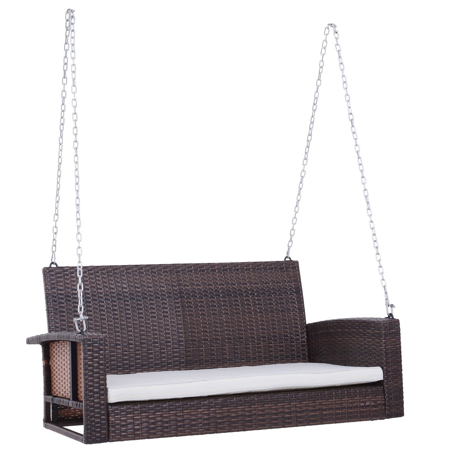 2-Person Patio Porch Swing Chair, Outdoor Rattan Hanging Bench with Cushion & 7.2 ft Steel Chains, Beige