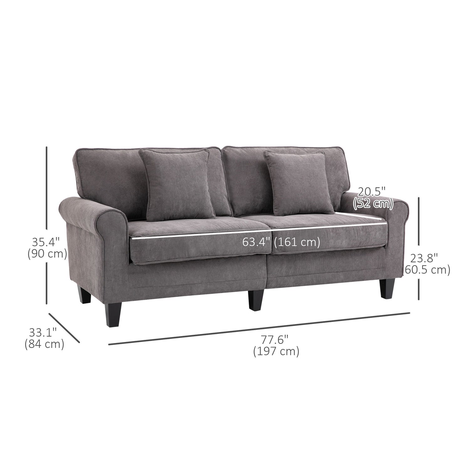 Modern 3 Seater Sofa, Corduroy Fabric 3 Seater Couch with Pine Wood Legs and Rolled Armrests for Living Room, Light Grey