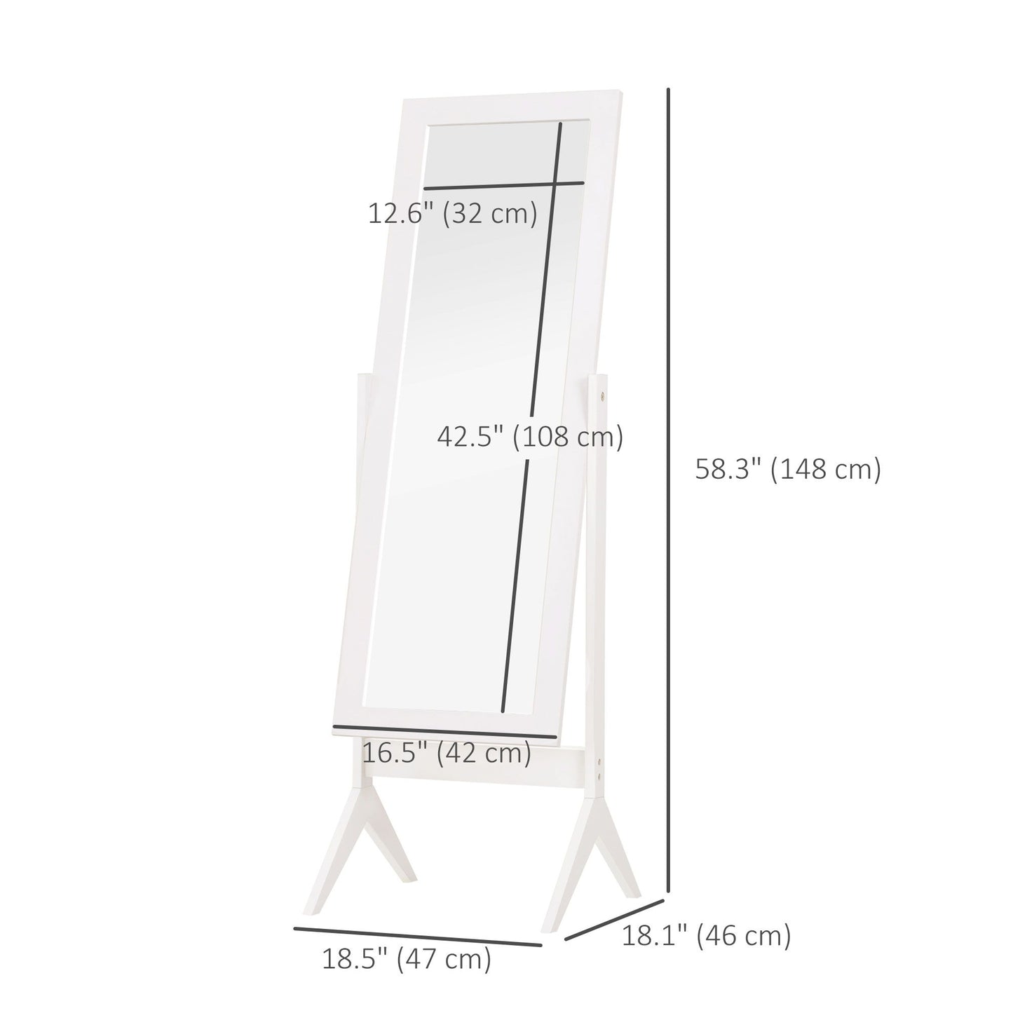 Full Length Mirror, Free Standing Full Body Mirror with Rectangular Frame, Adjustable Angle for Dressing Room, Bedroom, Living Room, White