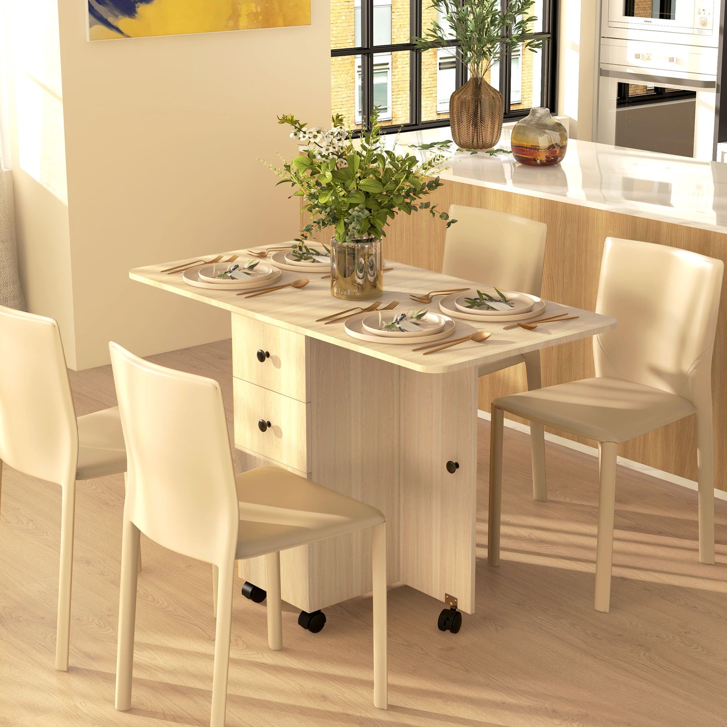 Drop Leaf Dining Table, Mobile Folding Table on Wheels with Drawers and Cabinet for Dining Room, Kitchen, Natural Wood