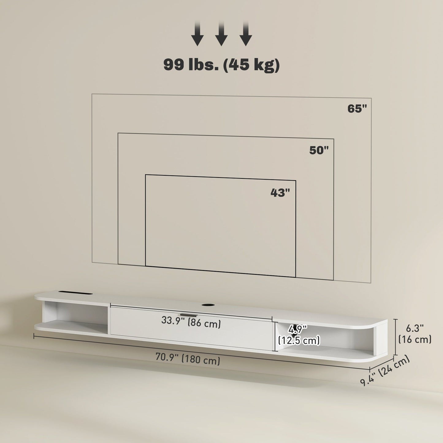 71" Floating TV Stand with Flip Drawer - White