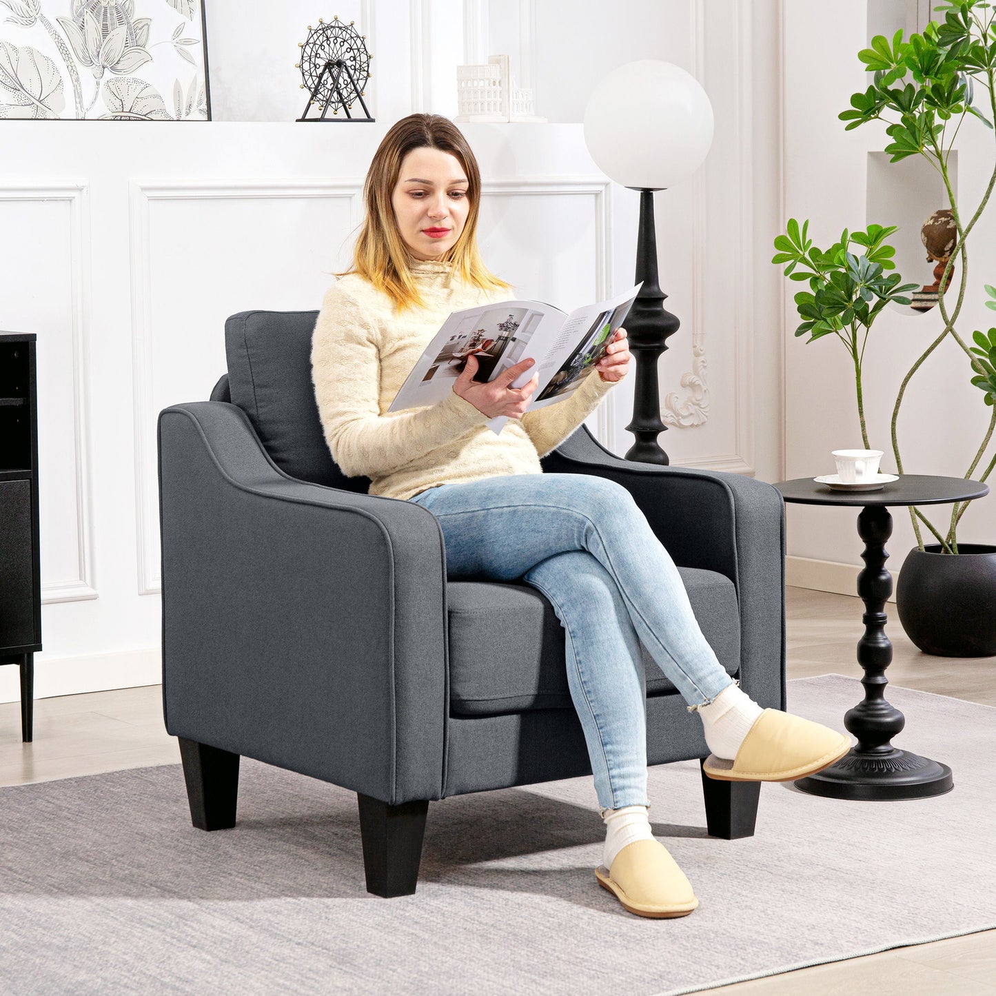 Armchair, Modern Accent Chair with Pocket Spring, Linen Upholstered, Thick Padded, Charcoal Grey