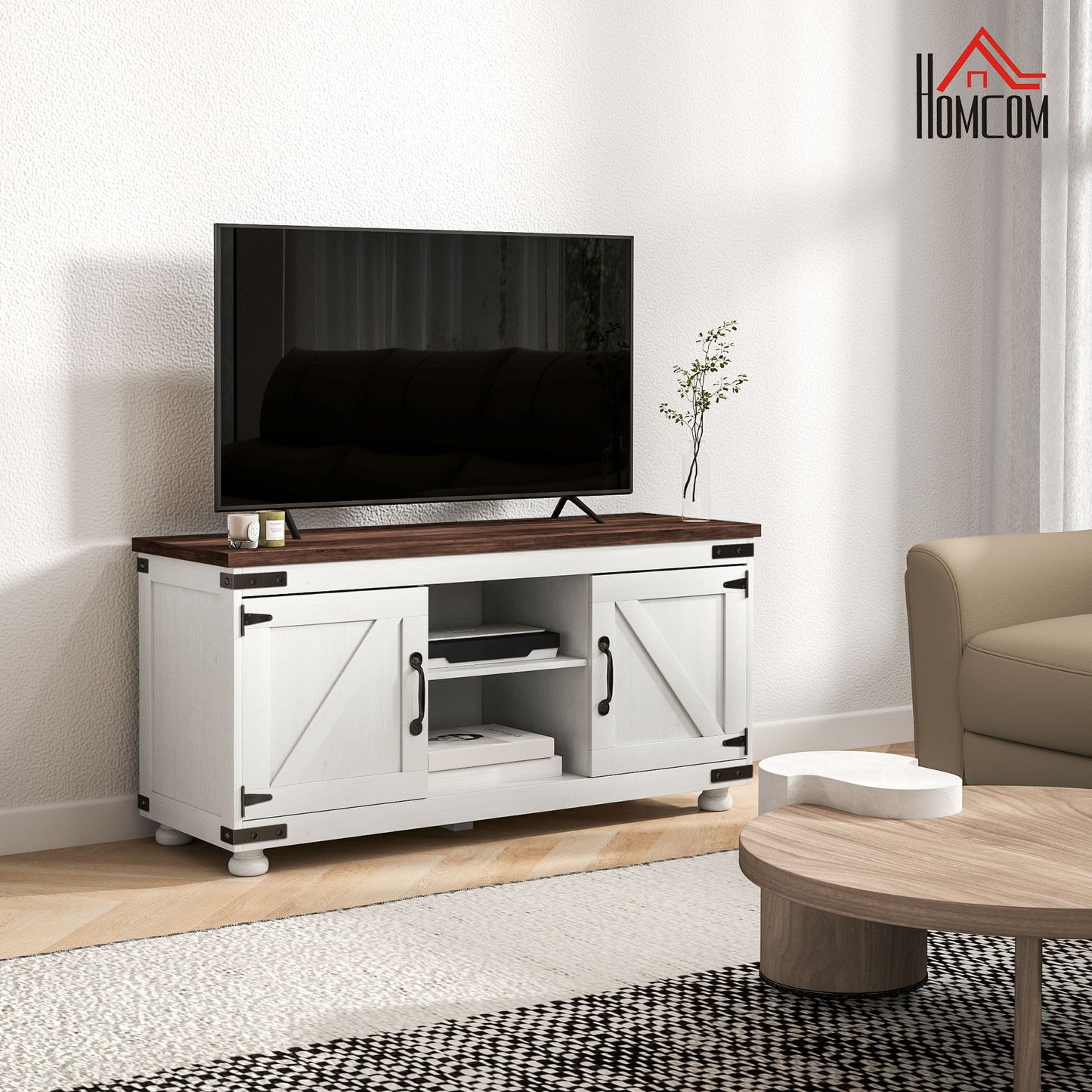 Farmhouse TV Stand for up to 50" TV, TV Cabinet with Barn Doors, Cable Management for Living Room, Distressed White