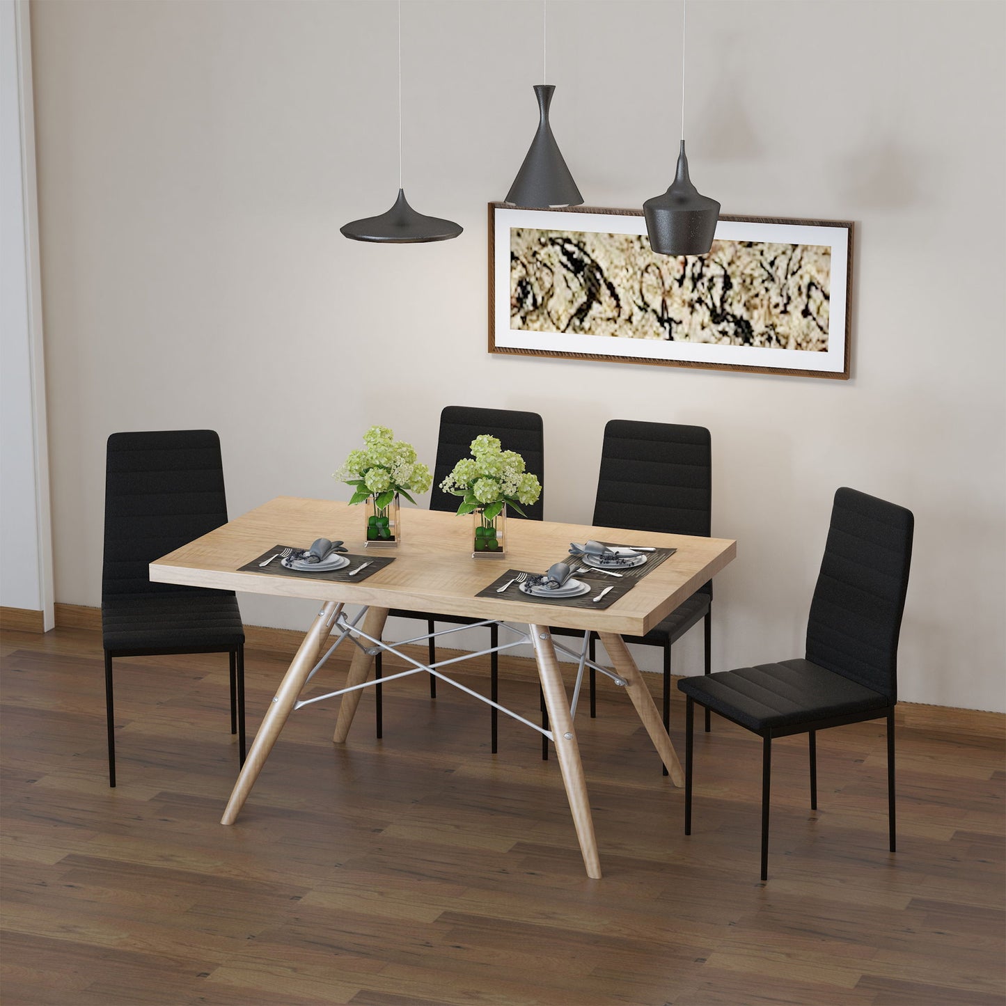 Modern Dining Chairs High Back Upholstered Linen Fabric with Metal Legs for Kitchen Black