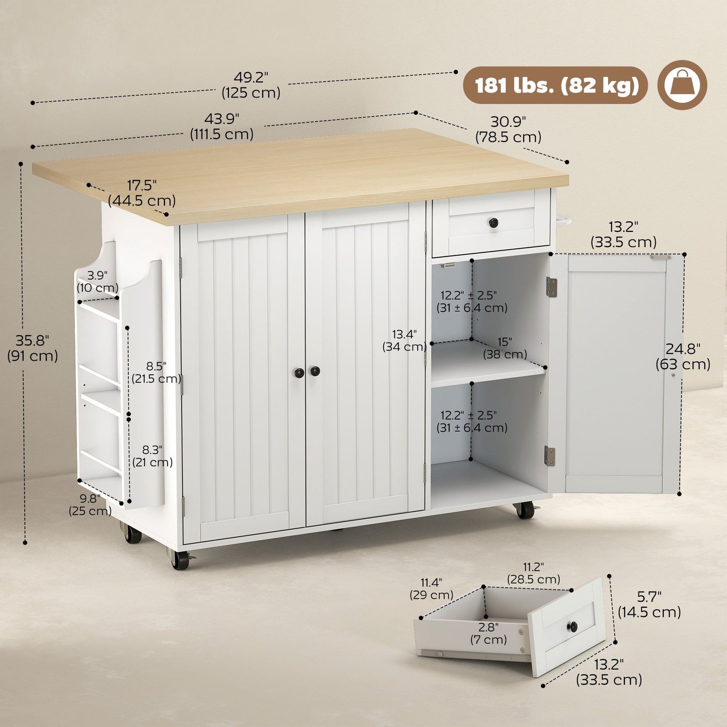 Rolling Kitchen Island Cart with Drop Leaf - White