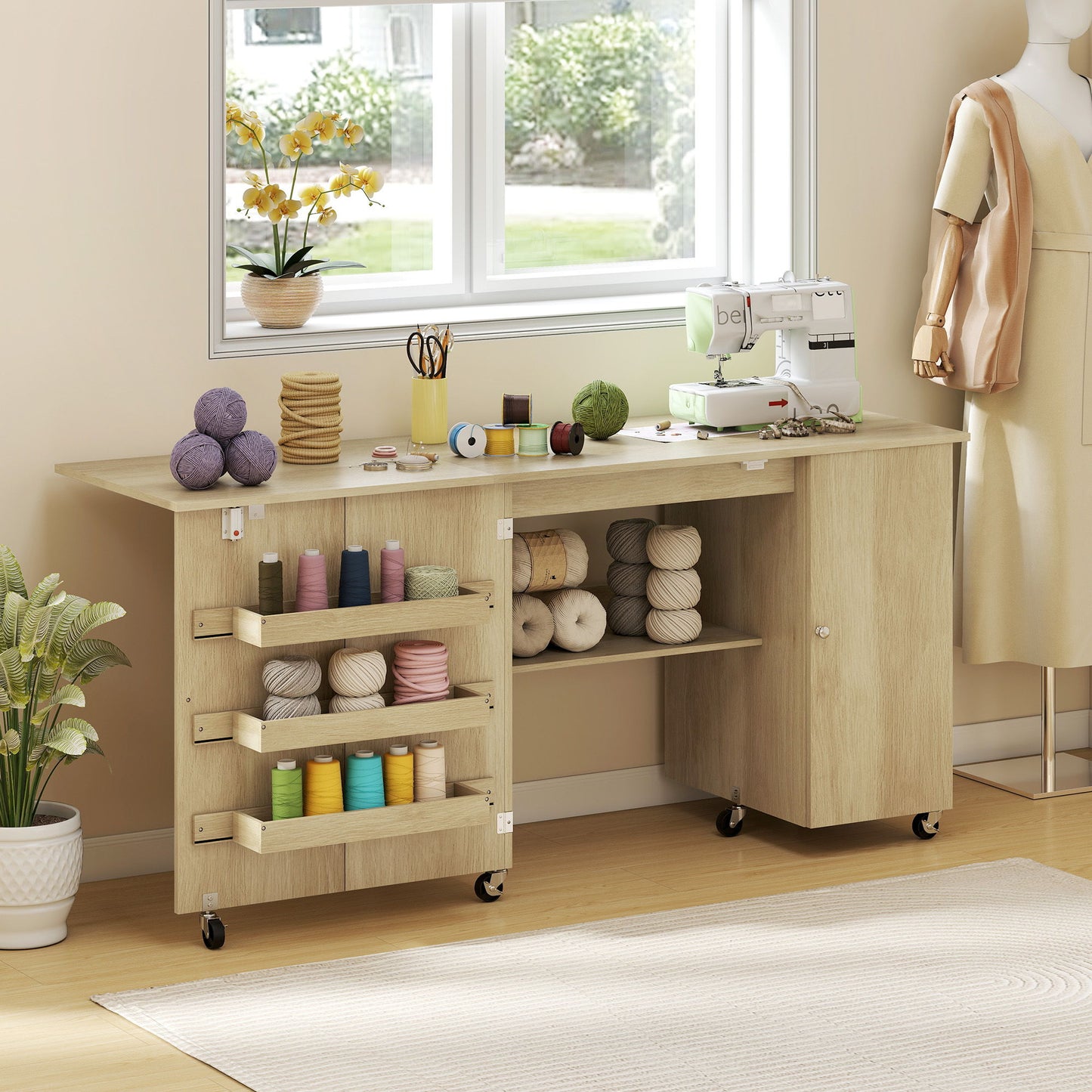 Sewing Machine Table with Drop Leaf, Folding Craft Table with 2 Doors and Adjustable Shelf for Small Spaces, Natural