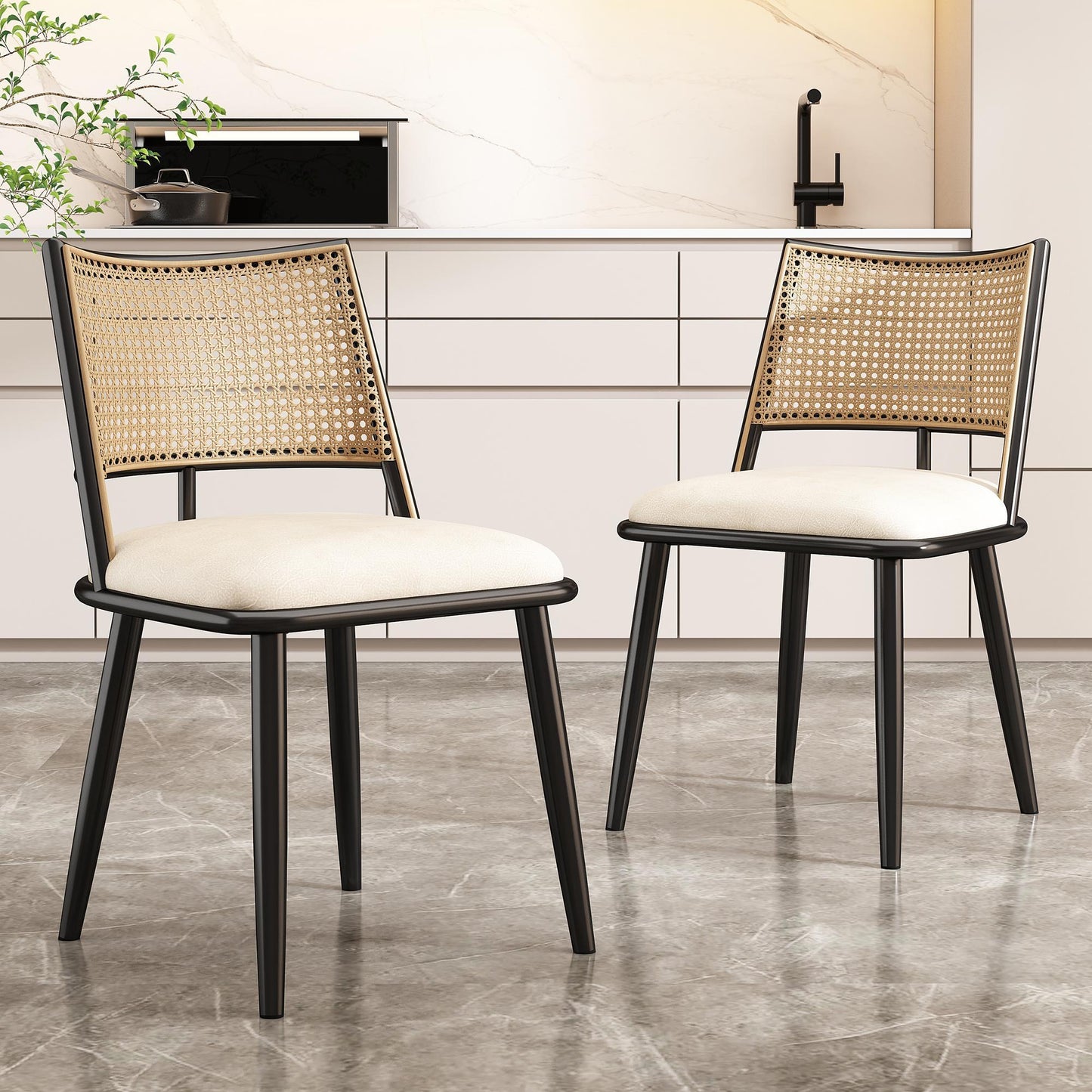 Set of 2 Modern Dining Chairs with PE Rattan Backrest, Ergonomic Side Chairs for Home or Restaurant, 19.5'' L x 19'' W x 31.5'' H, Black+Natural
