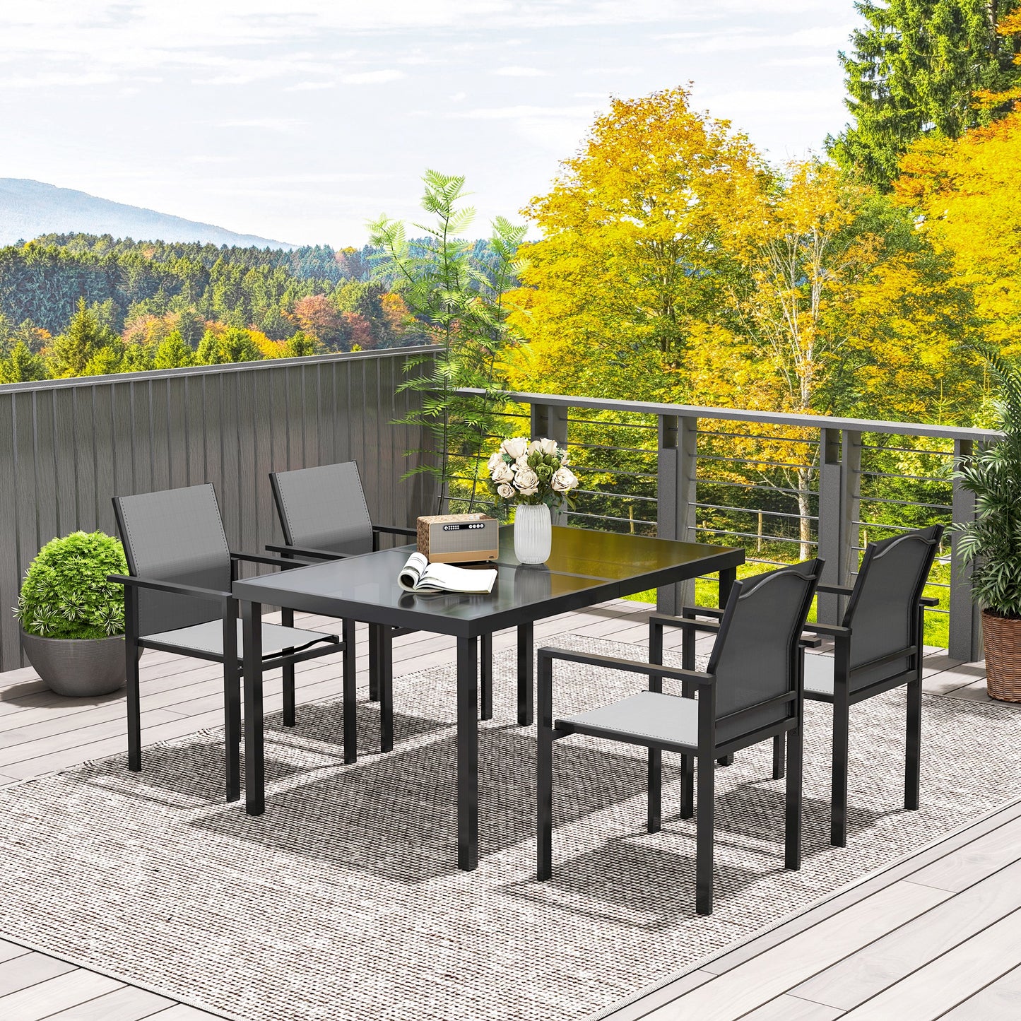 5 Piece Patio Dining Set with 4 Stackable Chairs, Tempered Glass Top, Rust-Resistant Metal Frame